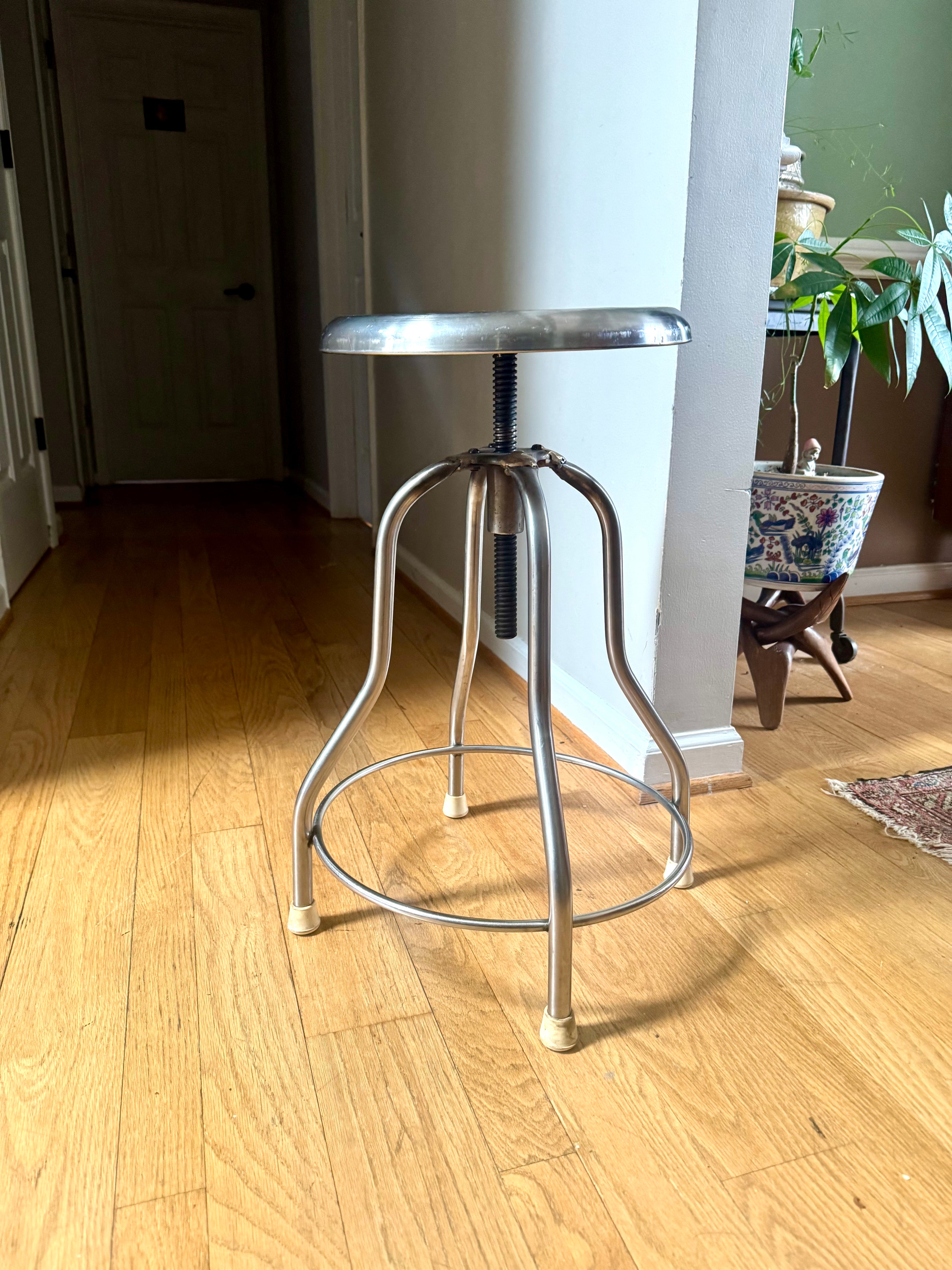 Vtg Stainless Steel Adjustable Stool | Metal Medical Swivel Stool