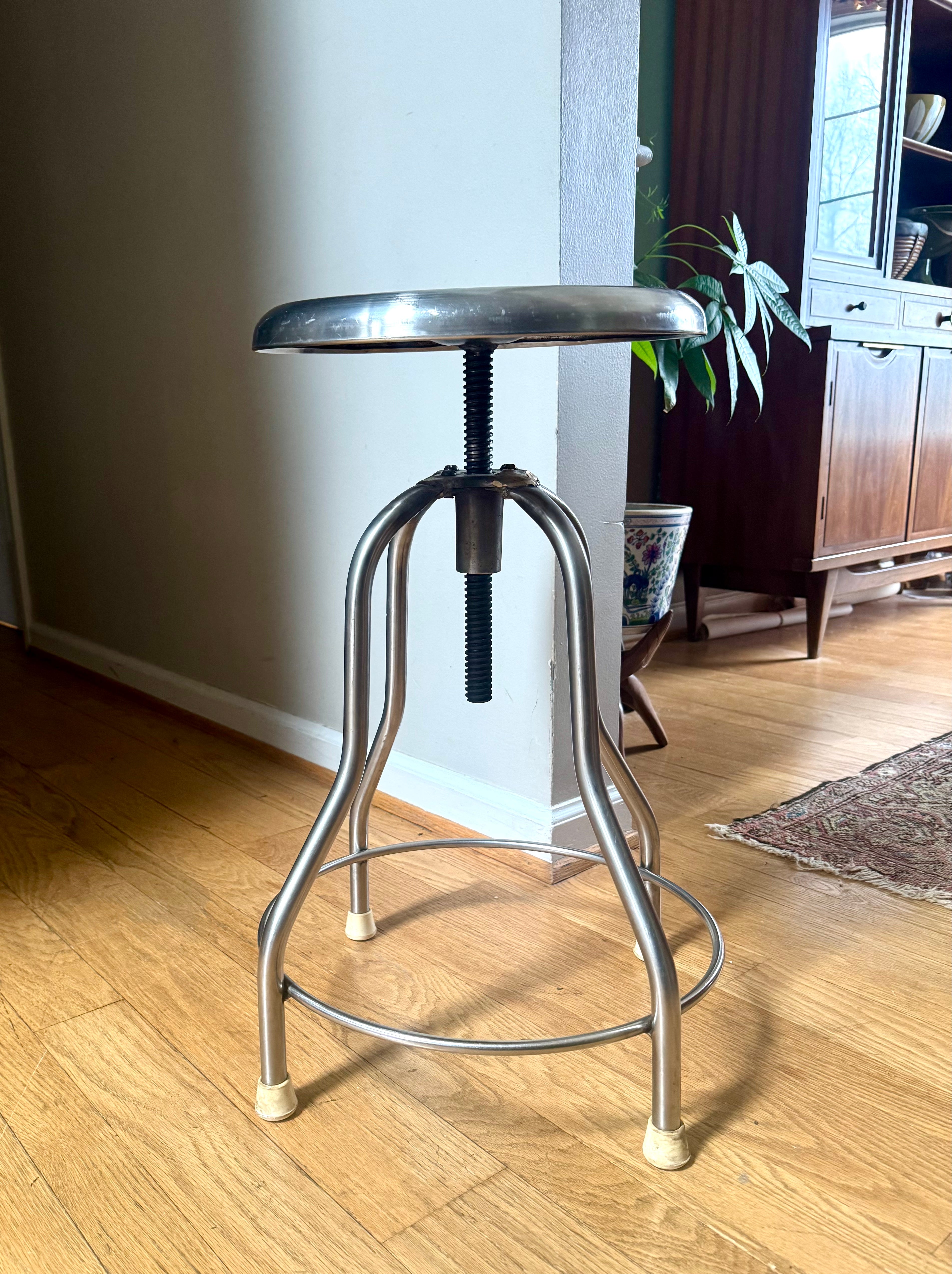 Vtg Stainless Steel Adjustable Stool | Metal Medical Swivel Stool