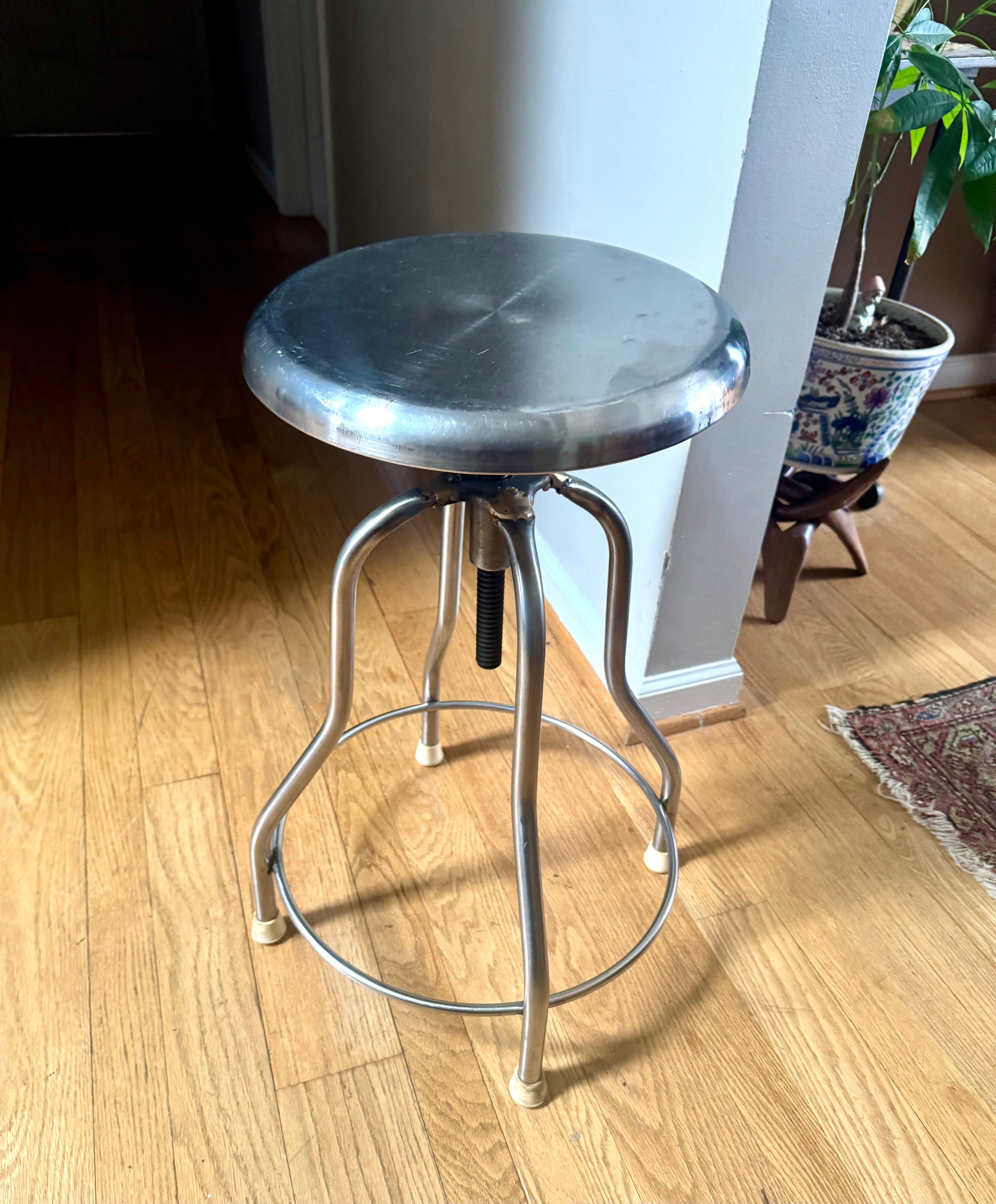 Vtg Stainless Steel Adjustable Stool | Metal Medical Swivel Stool