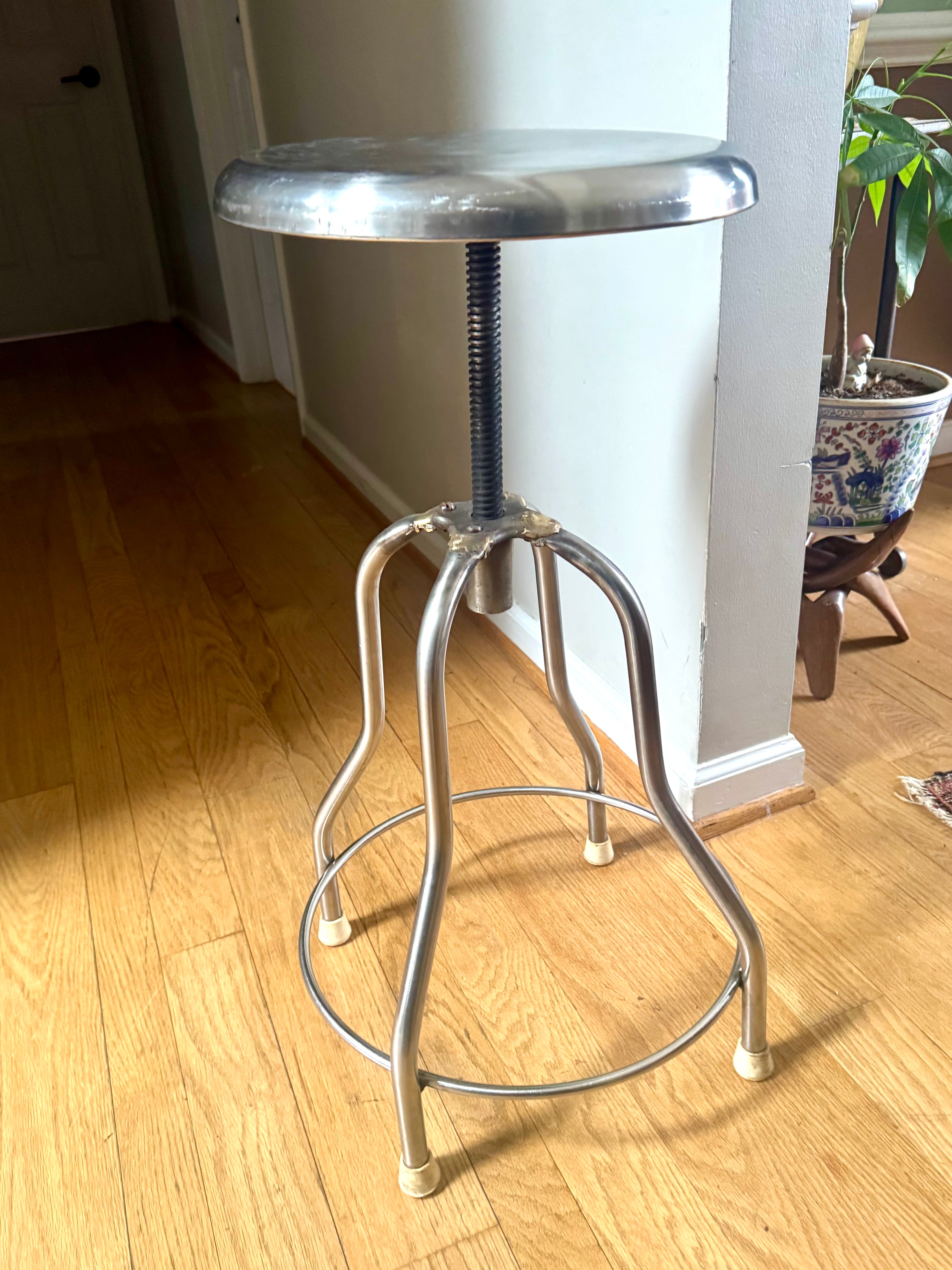 Vtg Stainless Steel Adjustable Stool | Metal Medical Swivel Stool