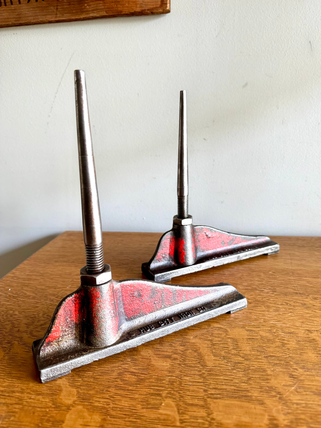 Vtg Hub City Iron Co. Cylinder Head Stands | Distressed Red Iron Cylinder Head Rebuild Stands