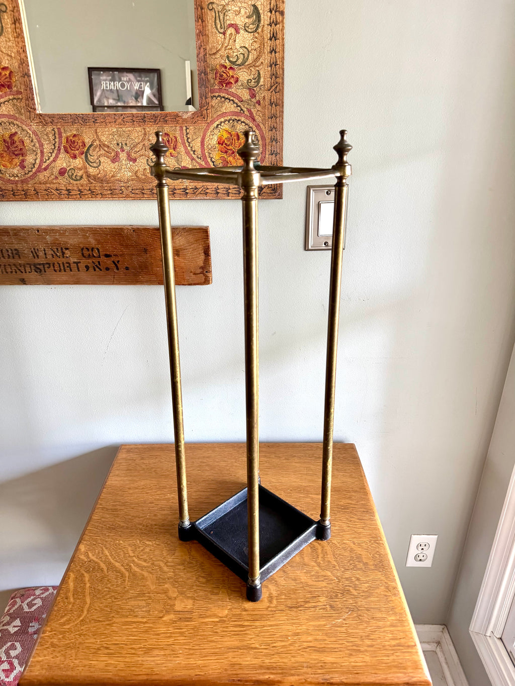 Antique English Brass Umbrella Stand With Cast Iron Base | Victorian Brass Umbrella Stand