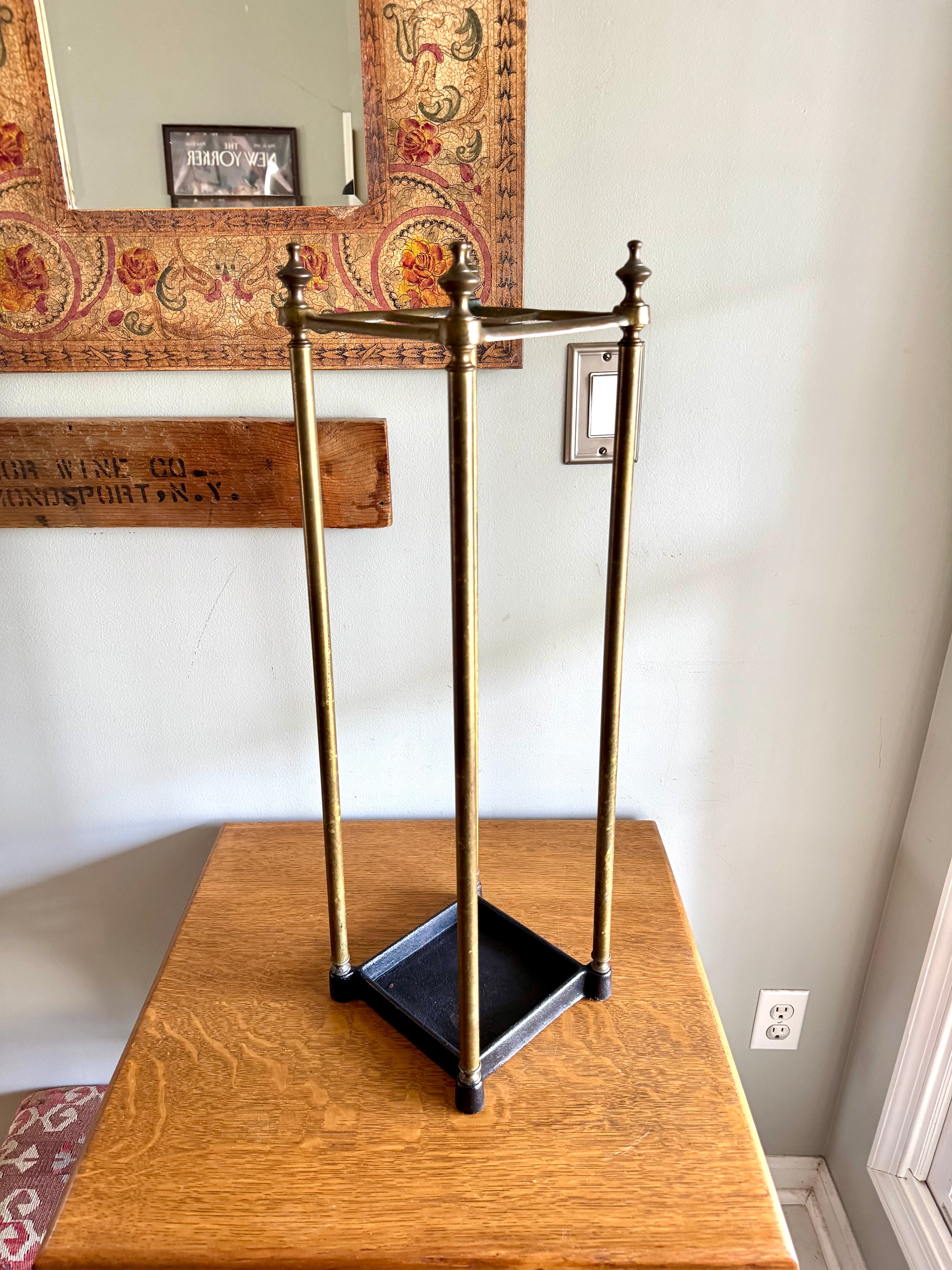 Antique English Brass Umbrella Stand With Cast Iron Base | Victorian Brass Umbrella Stand