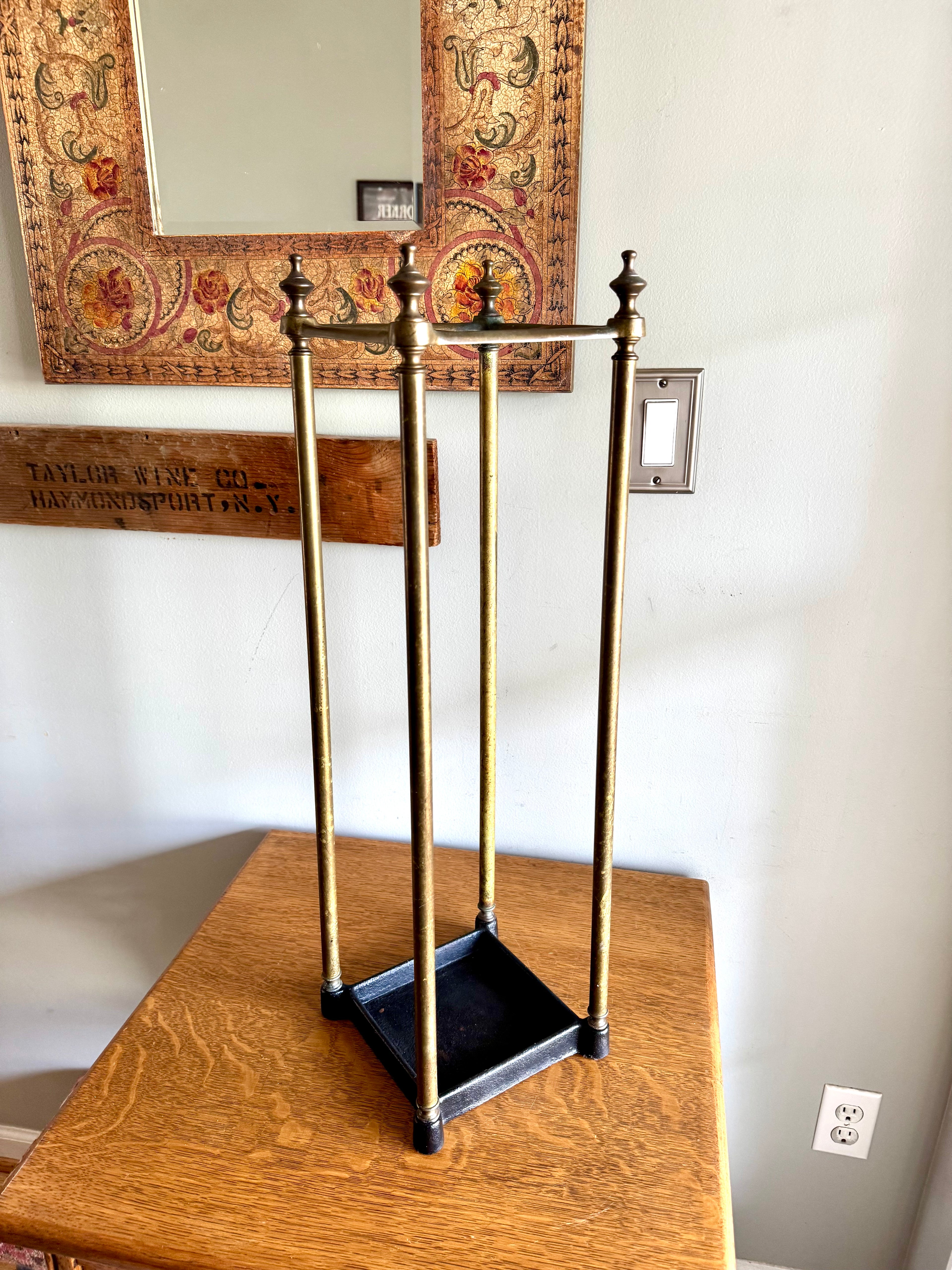 Antique English Brass Umbrella Stand With Cast Iron Base | Victorian Brass Umbrella Stand