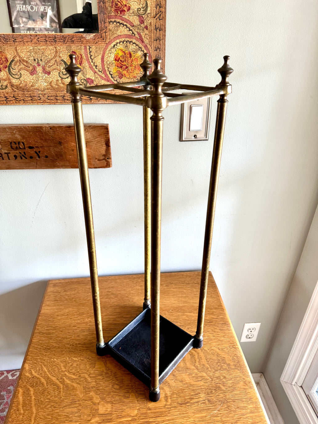 Antique English Brass Umbrella Stand With Cast Iron Base | Victorian Brass Umbrella Stand