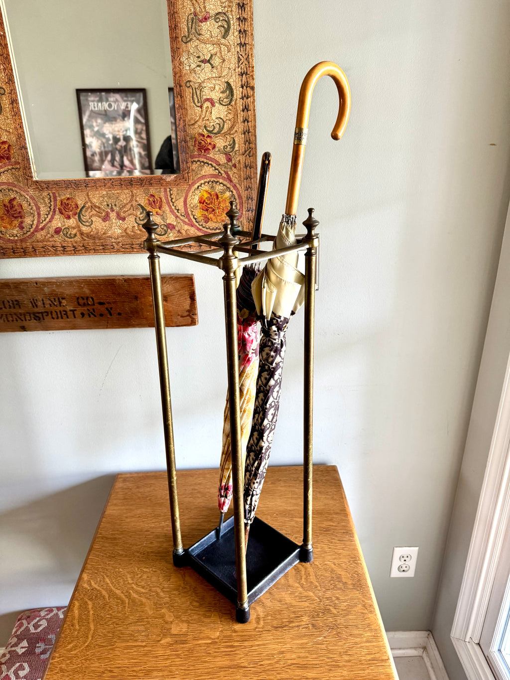Antique English Brass Umbrella Stand With Cast Iron Base | Victorian Brass Umbrella Stand