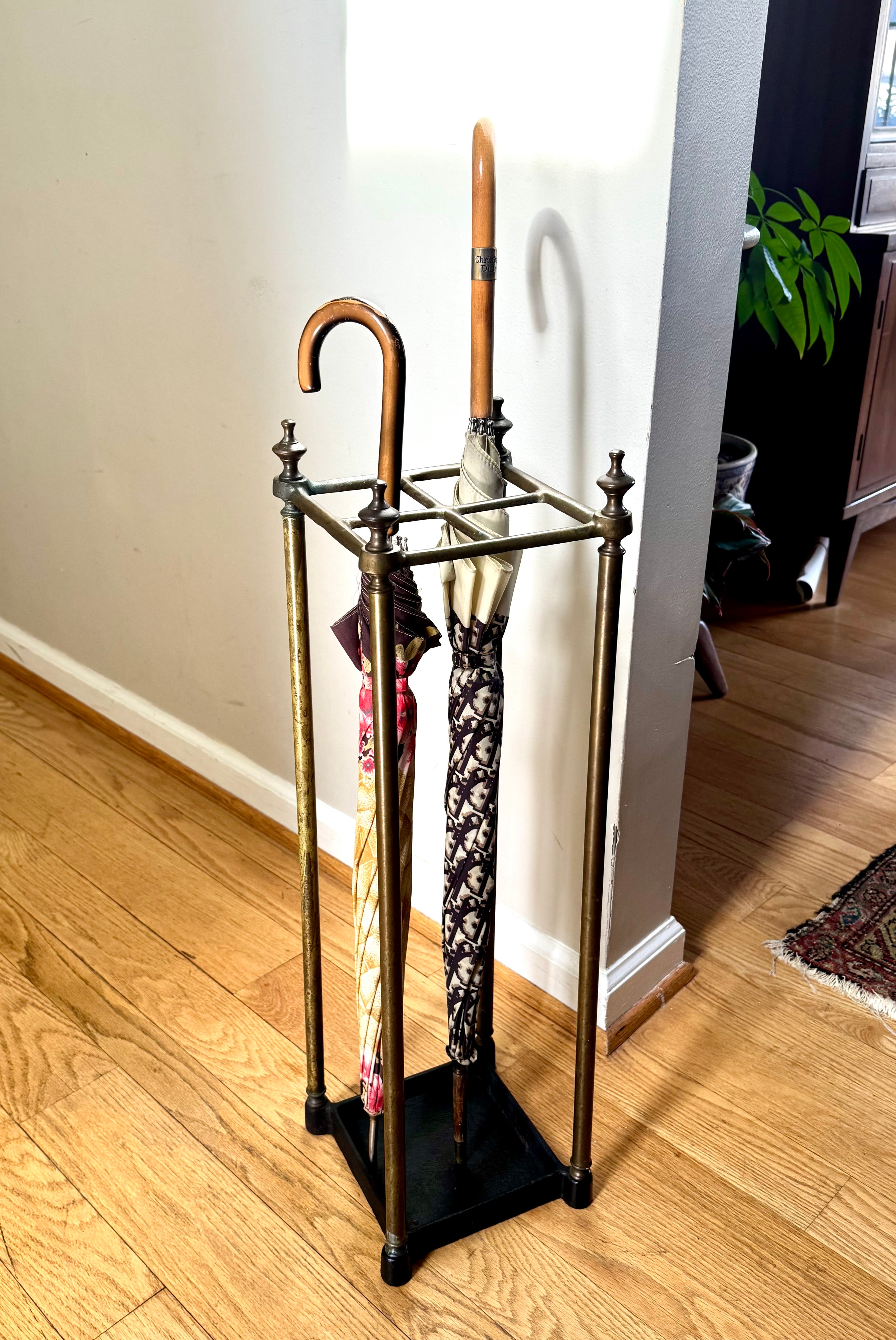 Antique English Brass Umbrella Stand With Cast Iron Base | Victorian Brass Umbrella Stand