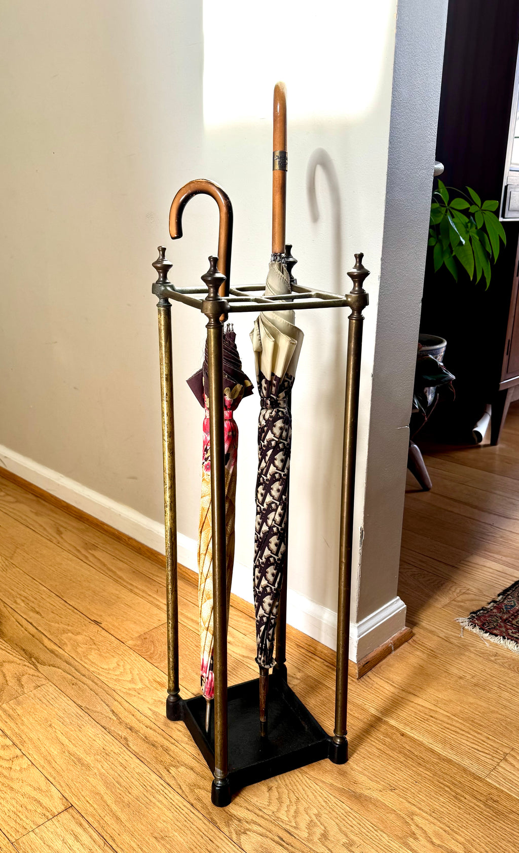 Antique English Brass Umbrella Stand With Cast Iron Base | Victorian Brass Umbrella Stand