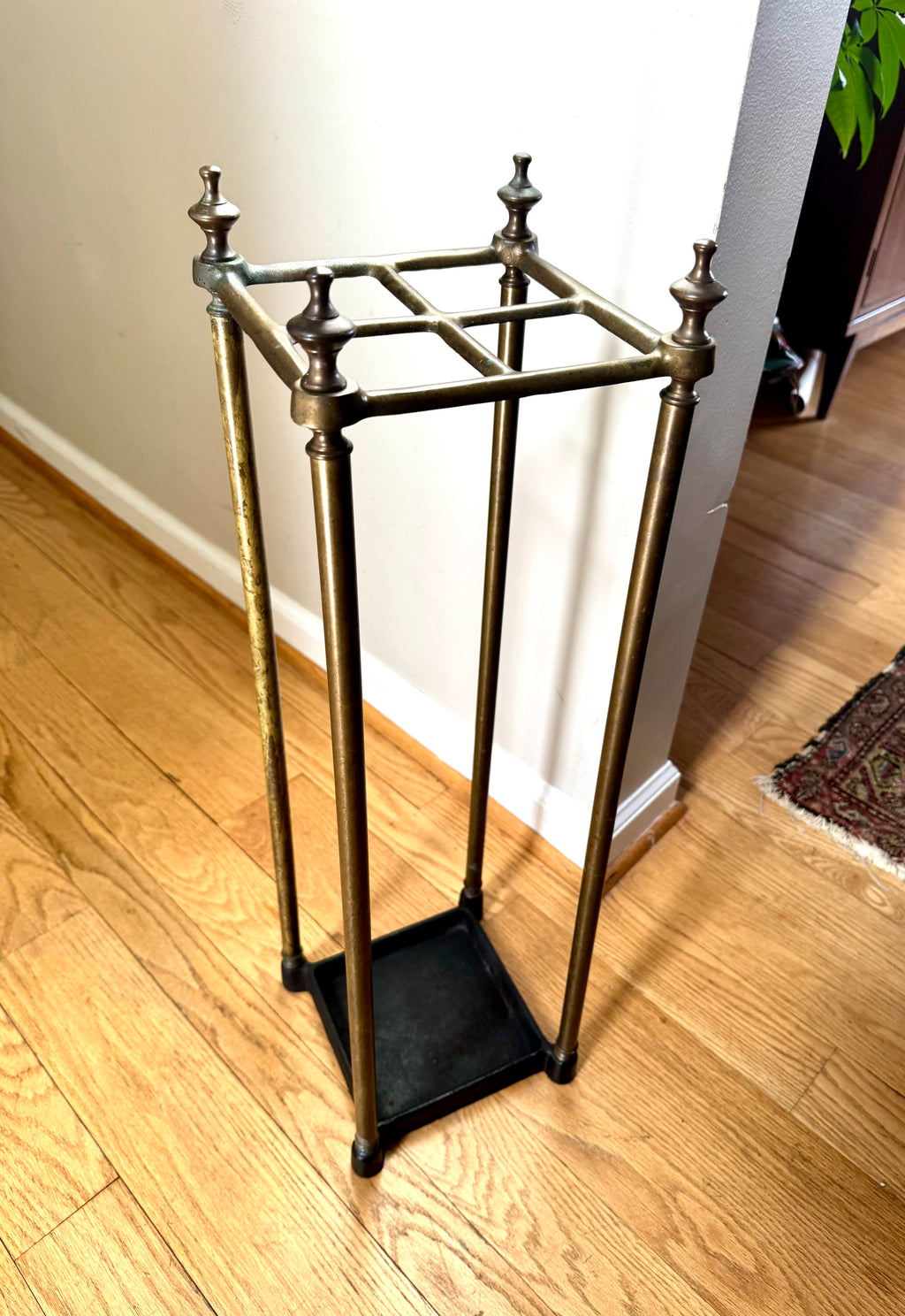 Antique English Brass Umbrella Stand With Cast Iron Base | Victorian Brass Umbrella Stand
