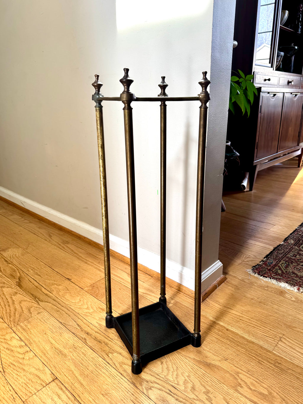 Antique English Brass Umbrella Stand With Cast Iron Base | Victorian Brass Umbrella Stand