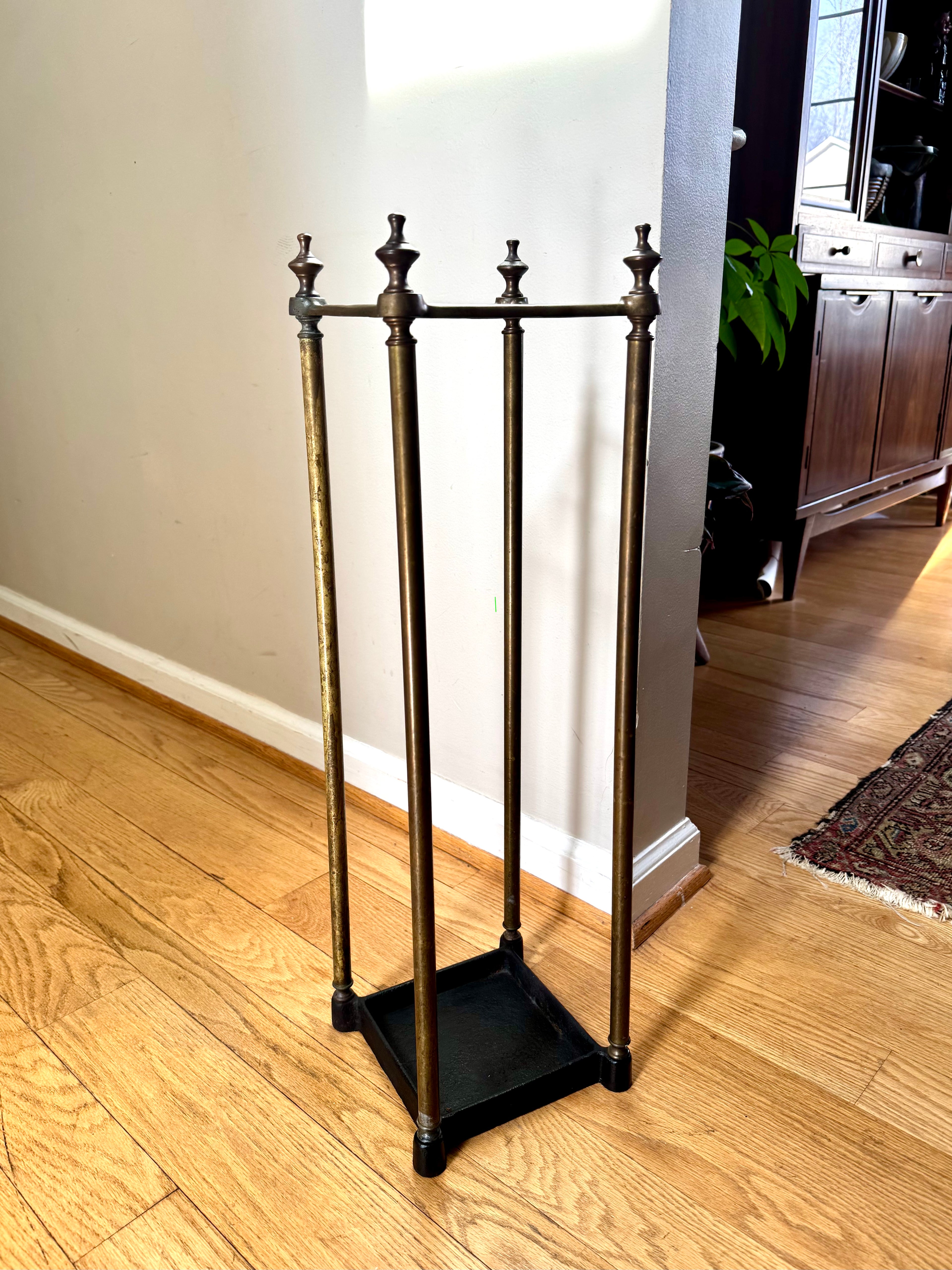 Antique English Brass Umbrella Stand With Cast Iron Base | Victorian Brass Umbrella Stand