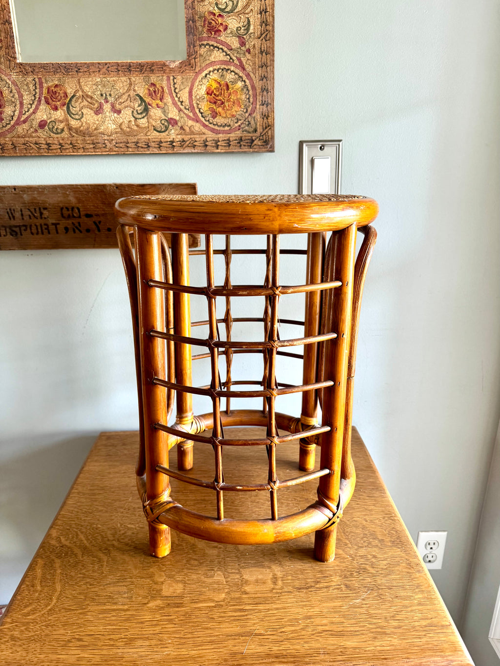 Mid 20th Century Rattan and Bamboo End Table | Boho Bamboo Side Table
