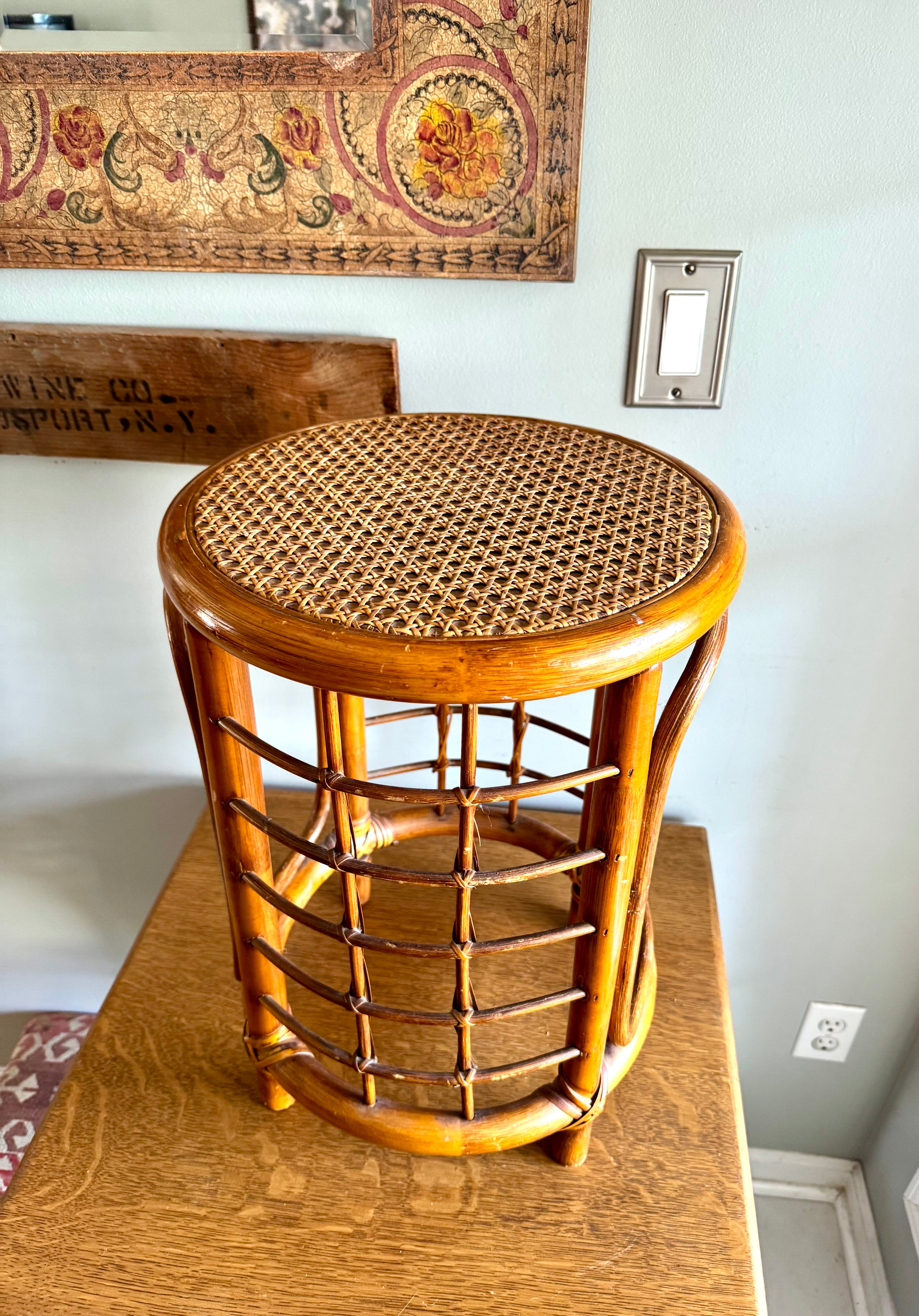 Mid 20th Century Rattan and Bamboo End Table | Boho Bamboo Side Table