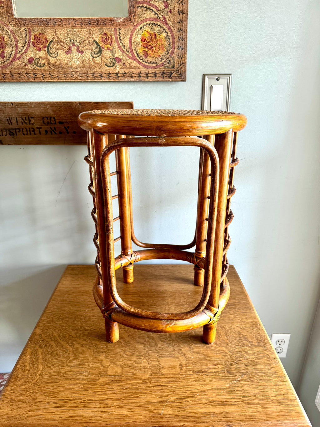 Mid 20th Century Rattan and Bamboo End Table | Boho Bamboo Side Table