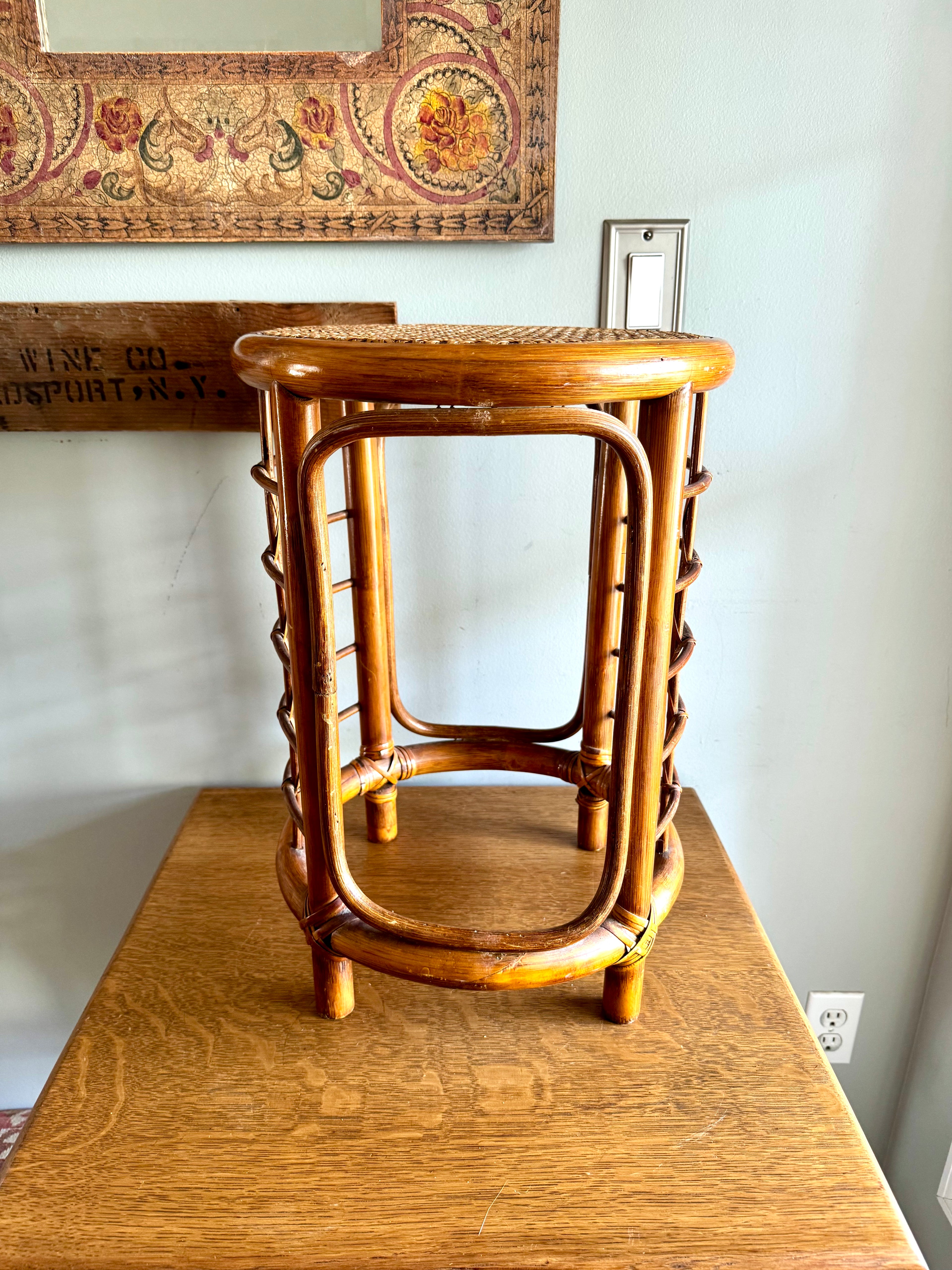 Mid 20th Century Rattan and Bamboo End Table | Boho Bamboo Side Table