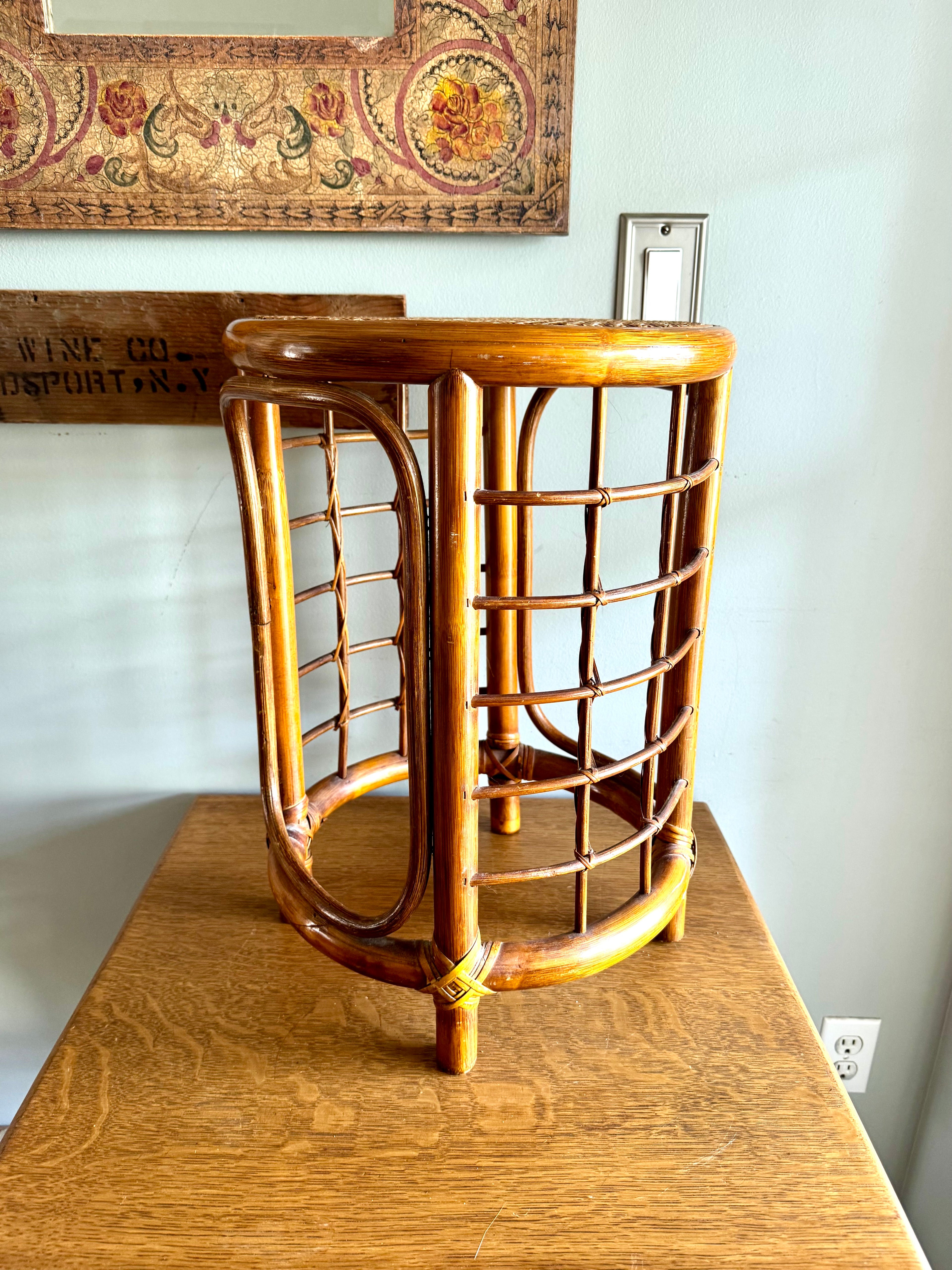 Mid 20th Century Rattan and Bamboo End Table | Boho Bamboo Side Table