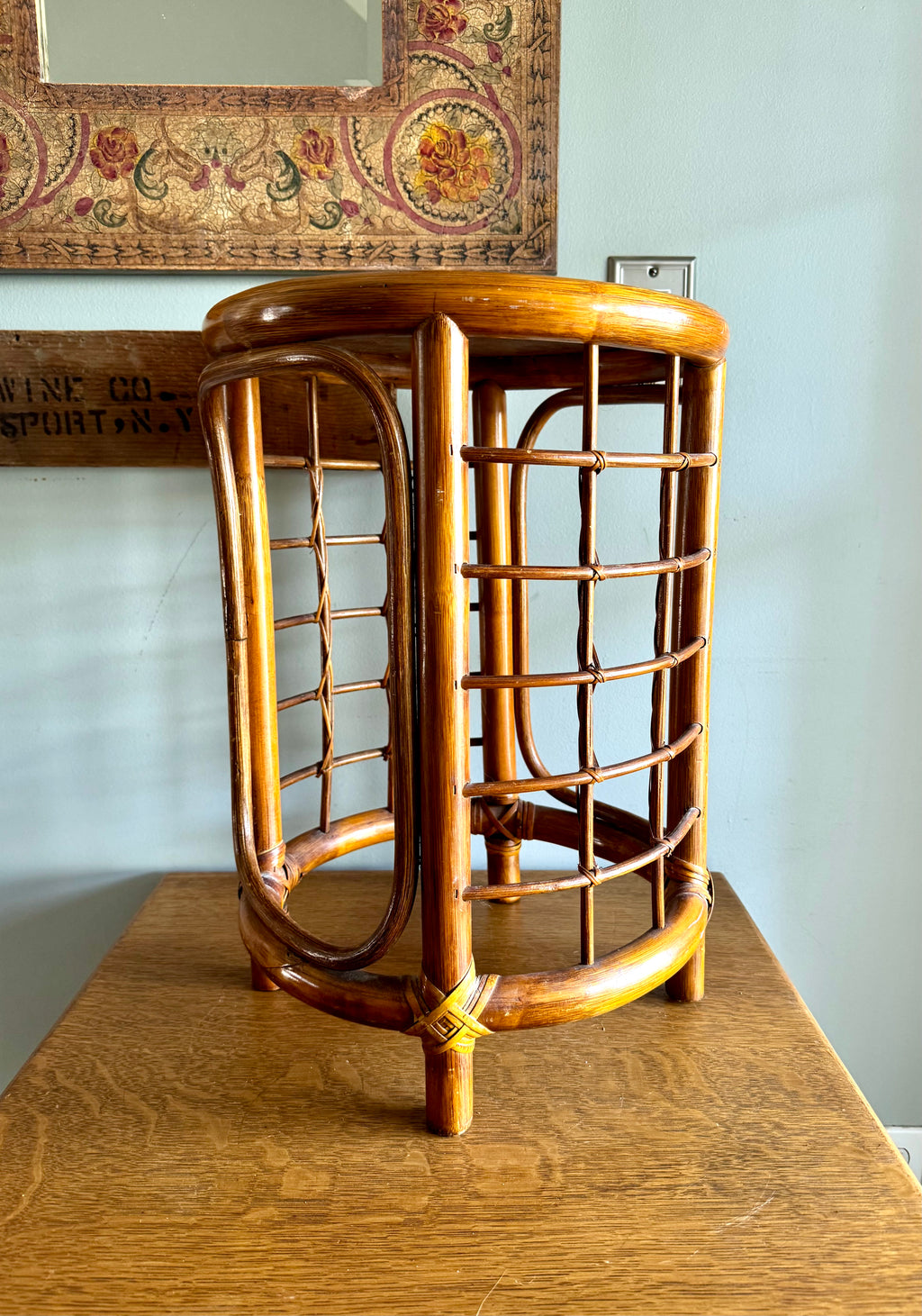 Mid 20th Century Rattan and Bamboo End Table | Boho Bamboo Side Table