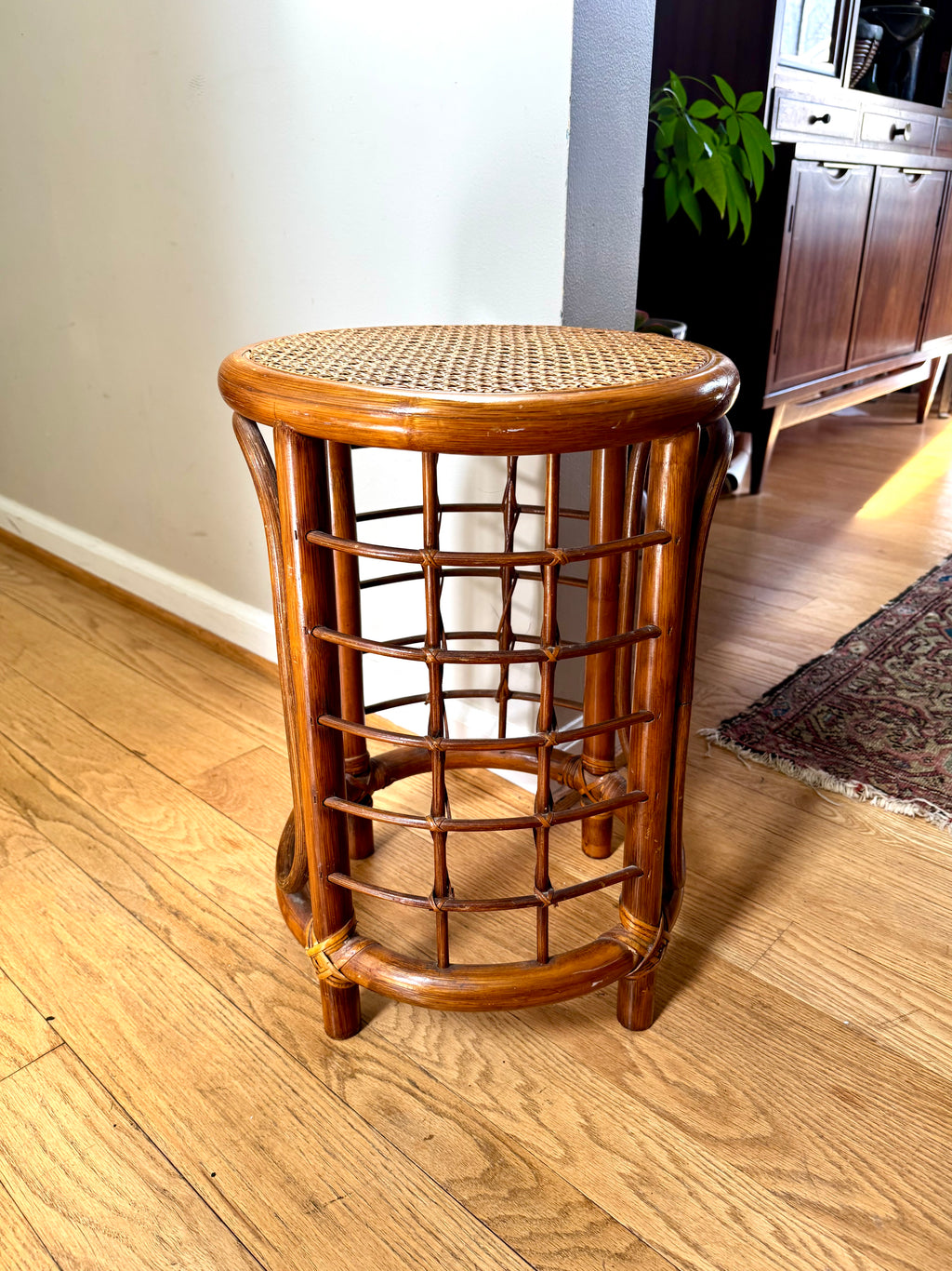 Mid 20th Century Rattan and Bamboo End Table | Boho Bamboo Side Table