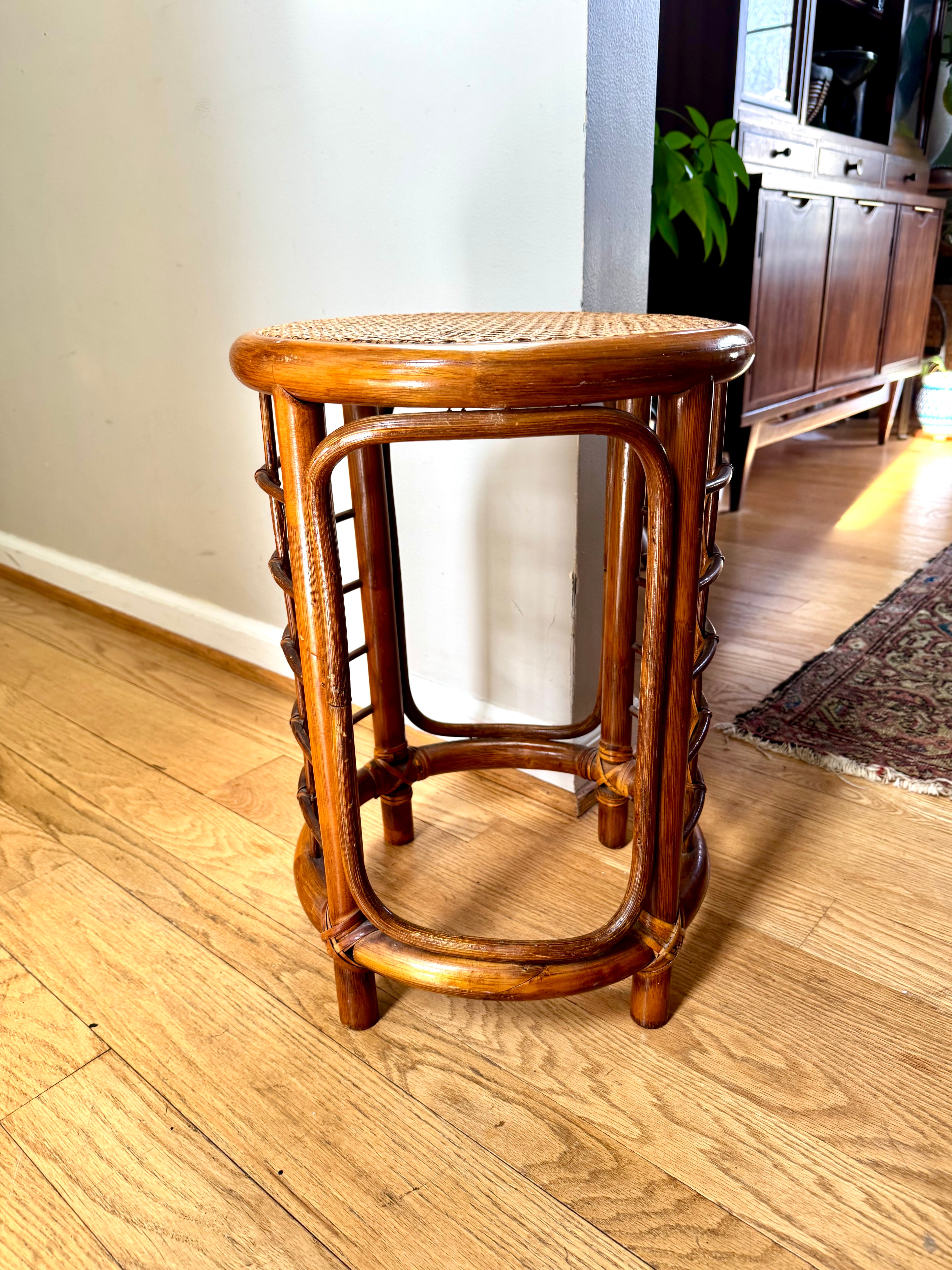 Mid 20th Century Rattan and Bamboo End Table | Boho Bamboo Side Table