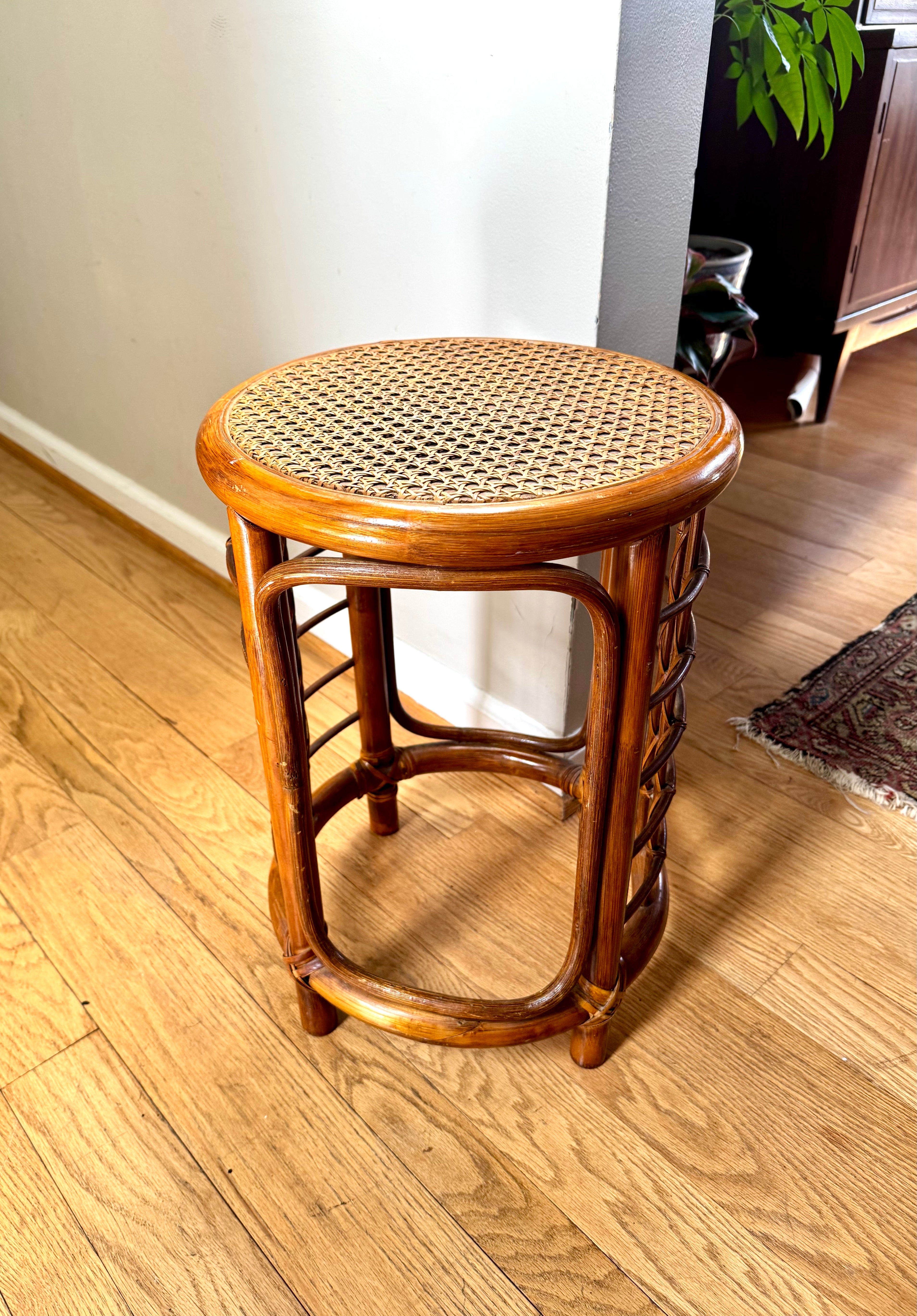 Mid 20th Century Rattan and Bamboo End Table | Boho Bamboo Side Table