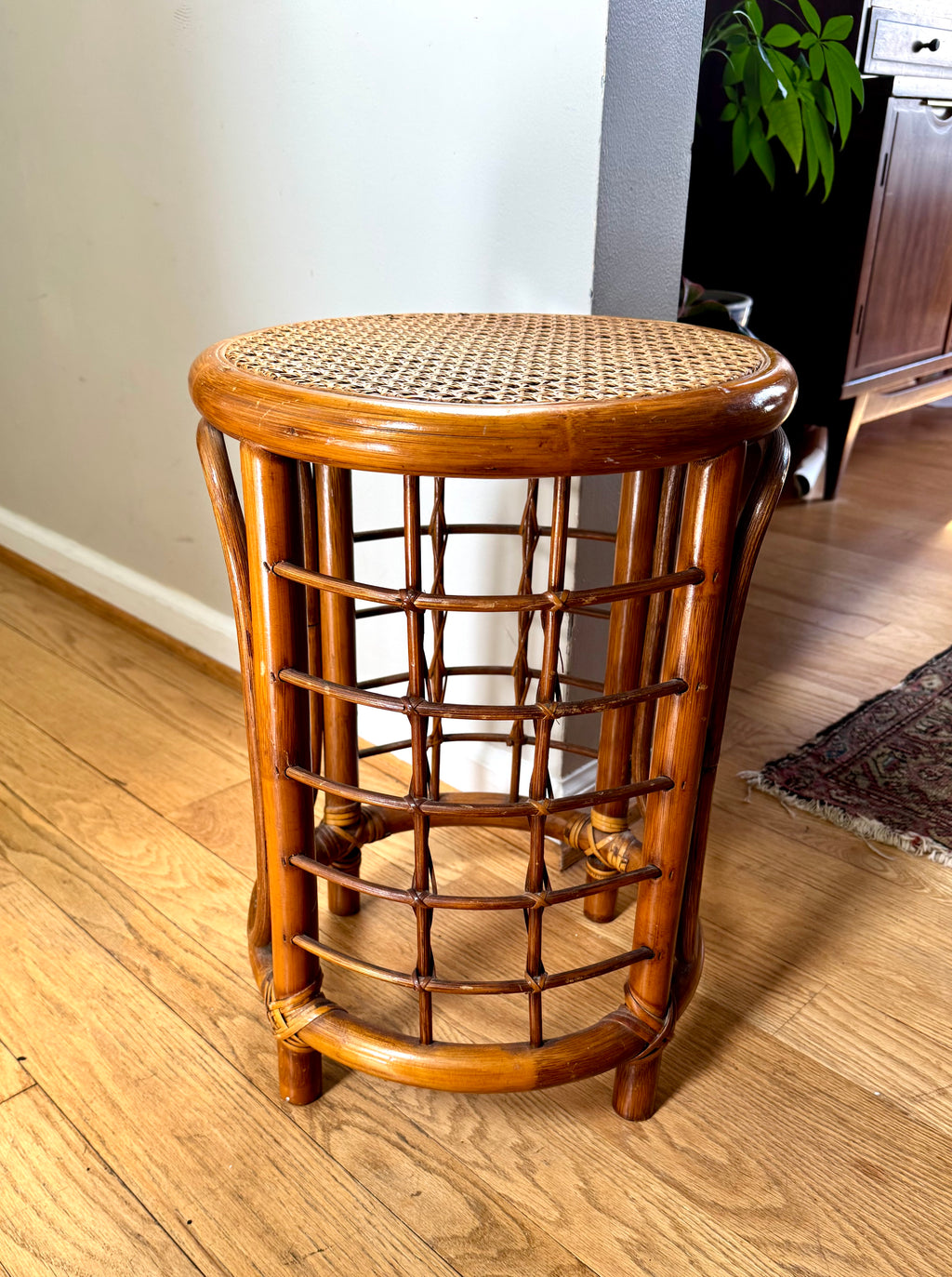 Mid 20th Century Rattan and Bamboo End Table | Boho Bamboo Side Table