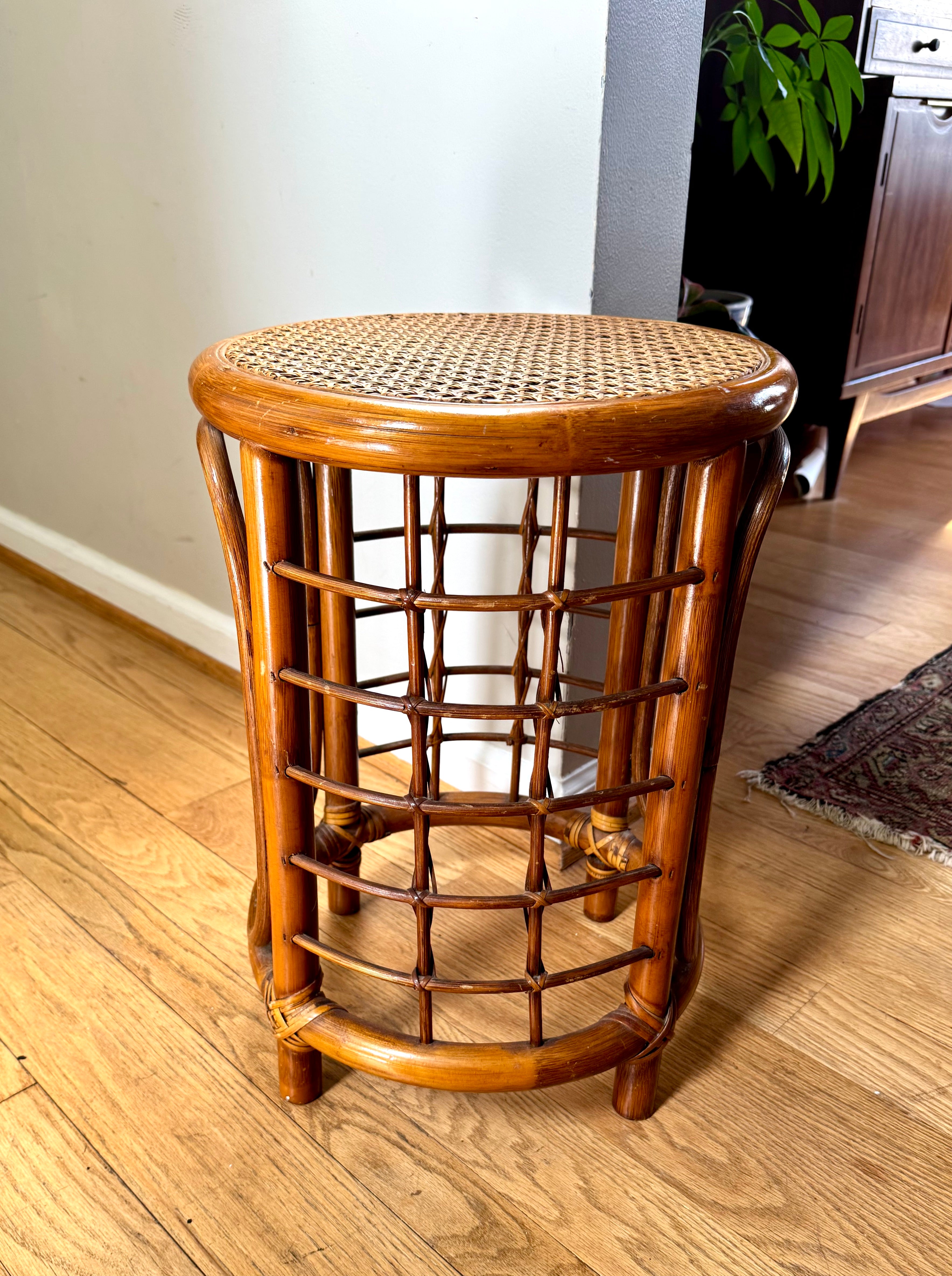 Mid 20th Century Rattan and Bamboo End Table | Boho Bamboo Side Table