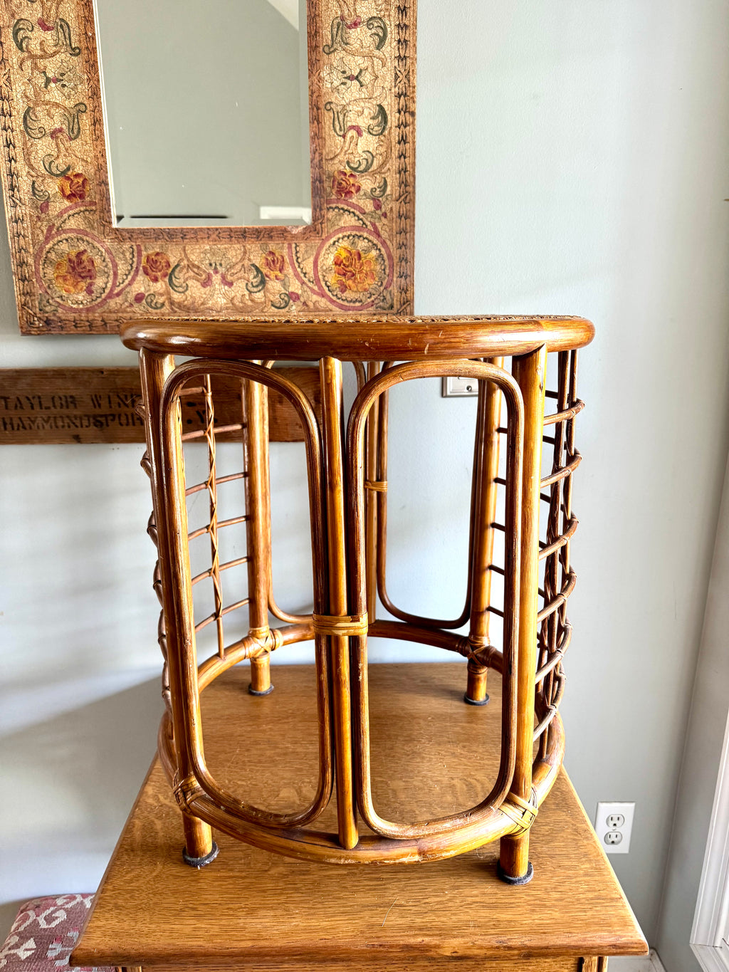Mid 20th Century Rattan and Bamboo End Table | Boho Bamboo Side Table