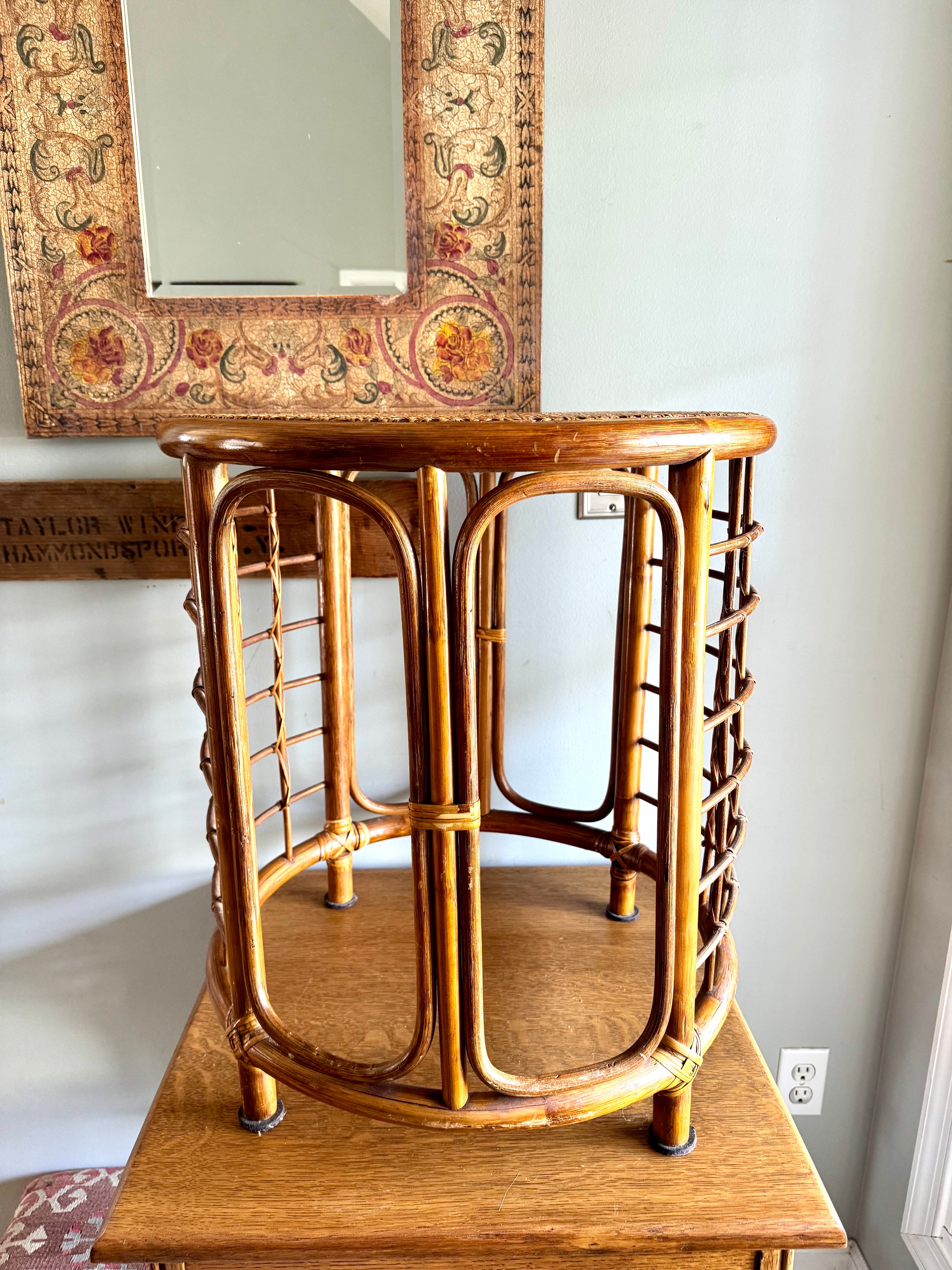 Mid 20th Century Rattan and Bamboo End Table | Boho Bamboo Side Table