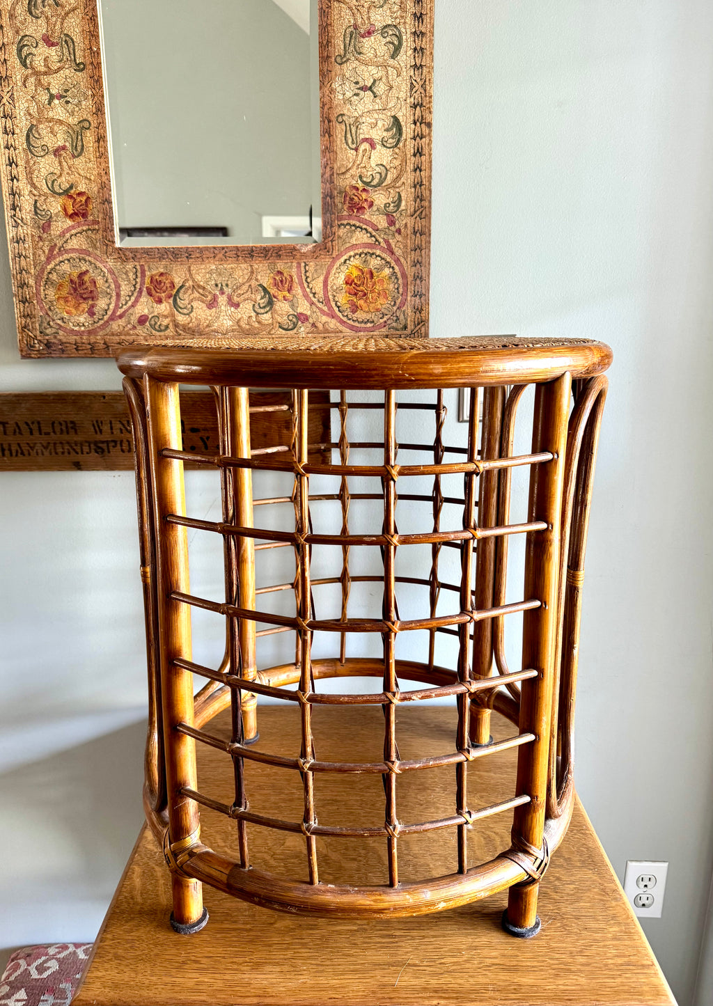 Mid 20th Century Rattan and Bamboo End Table | Boho Bamboo Side Table