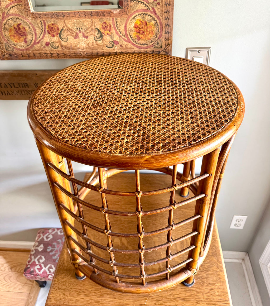 Mid 20th Century Rattan and Bamboo End Table | Boho Bamboo Side Table