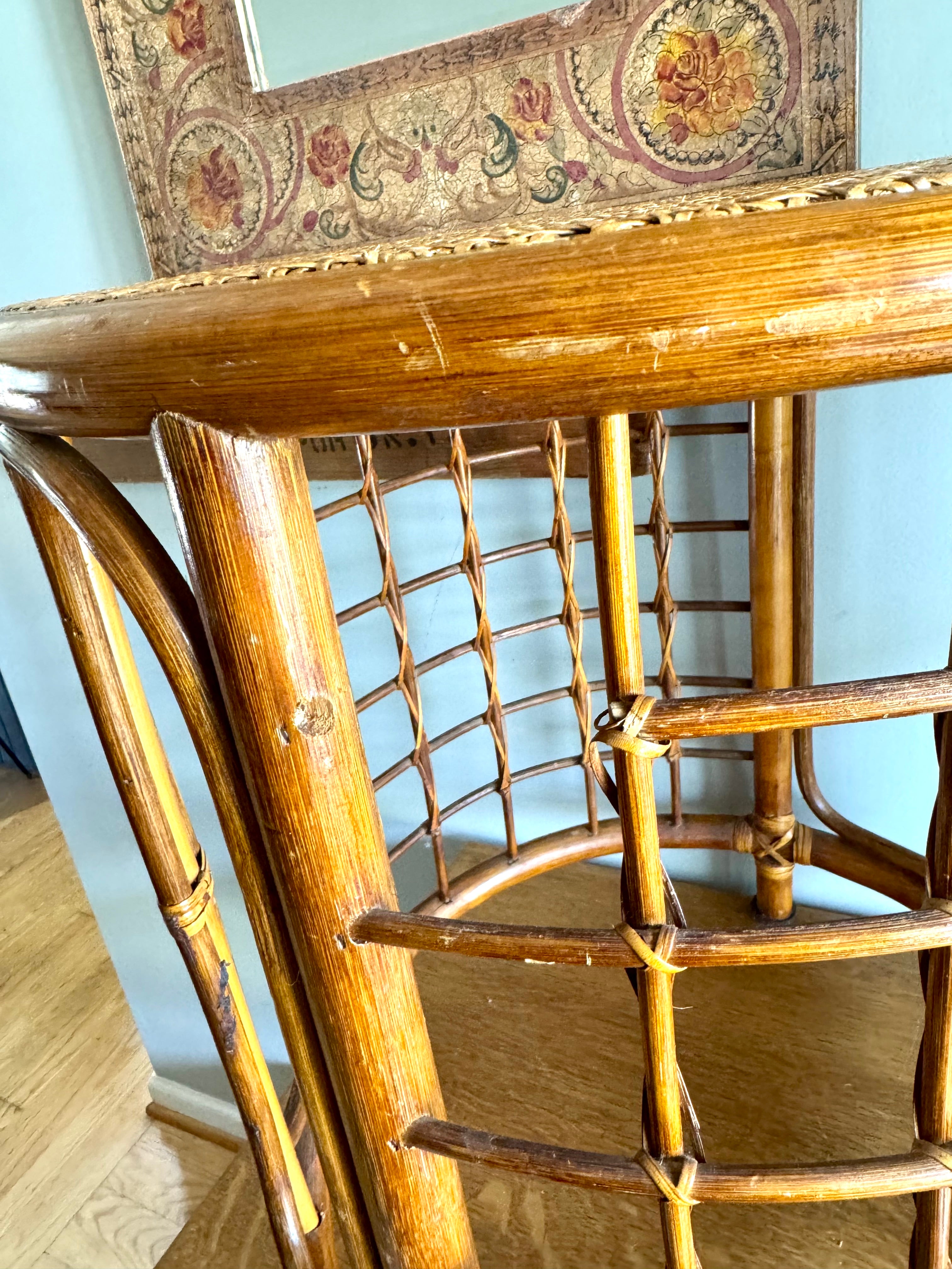 Mid 20th Century Rattan and Bamboo End Table | Boho Bamboo Side Table