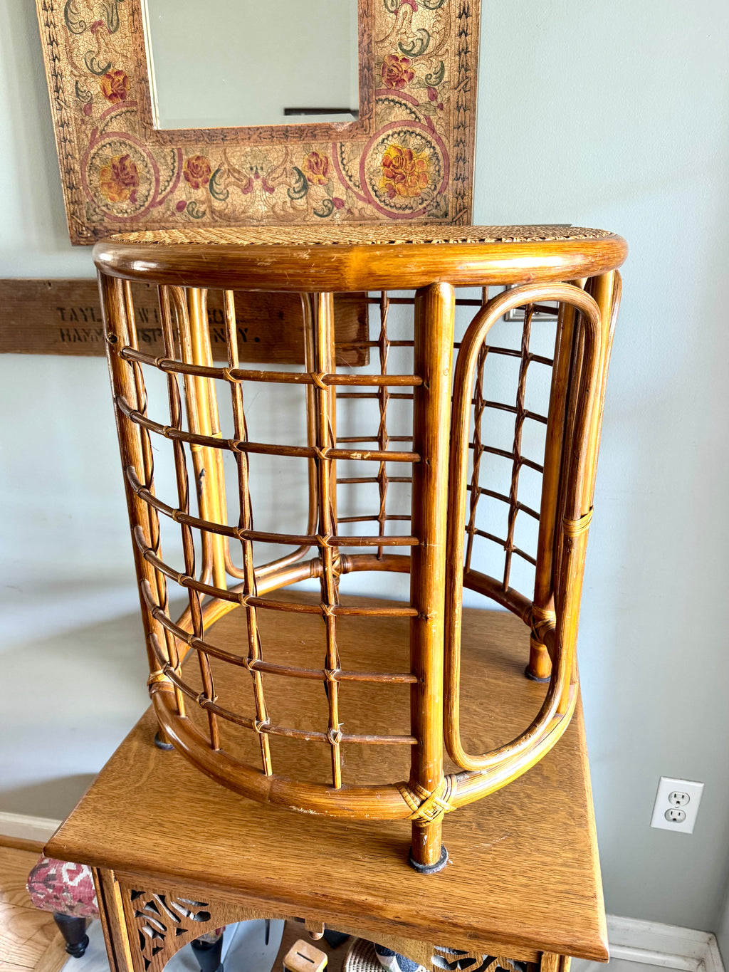 Mid 20th Century Rattan and Bamboo End Table | Boho Bamboo Side Table