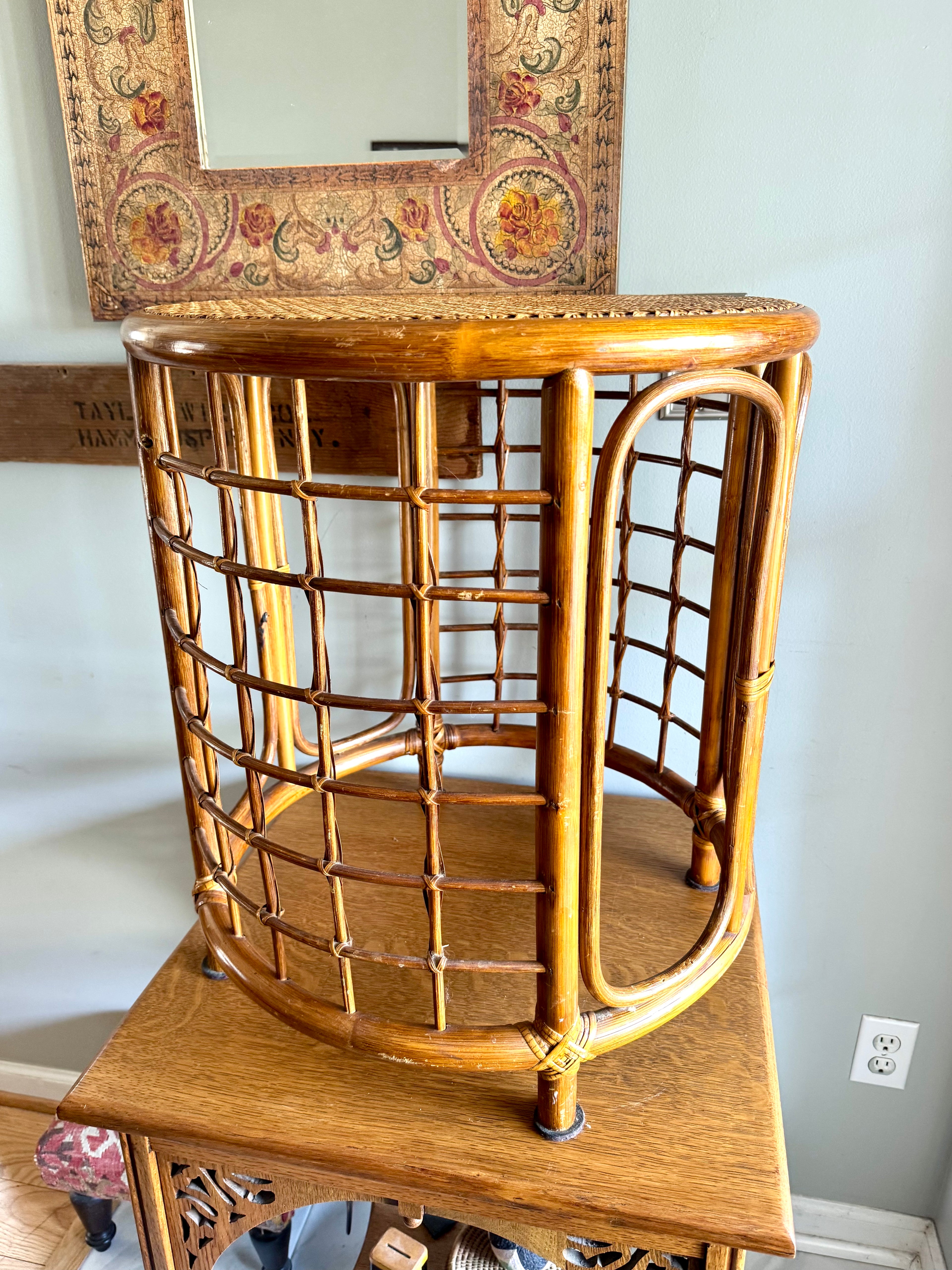 Mid 20th Century Rattan and Bamboo End Table | Boho Bamboo Side Table