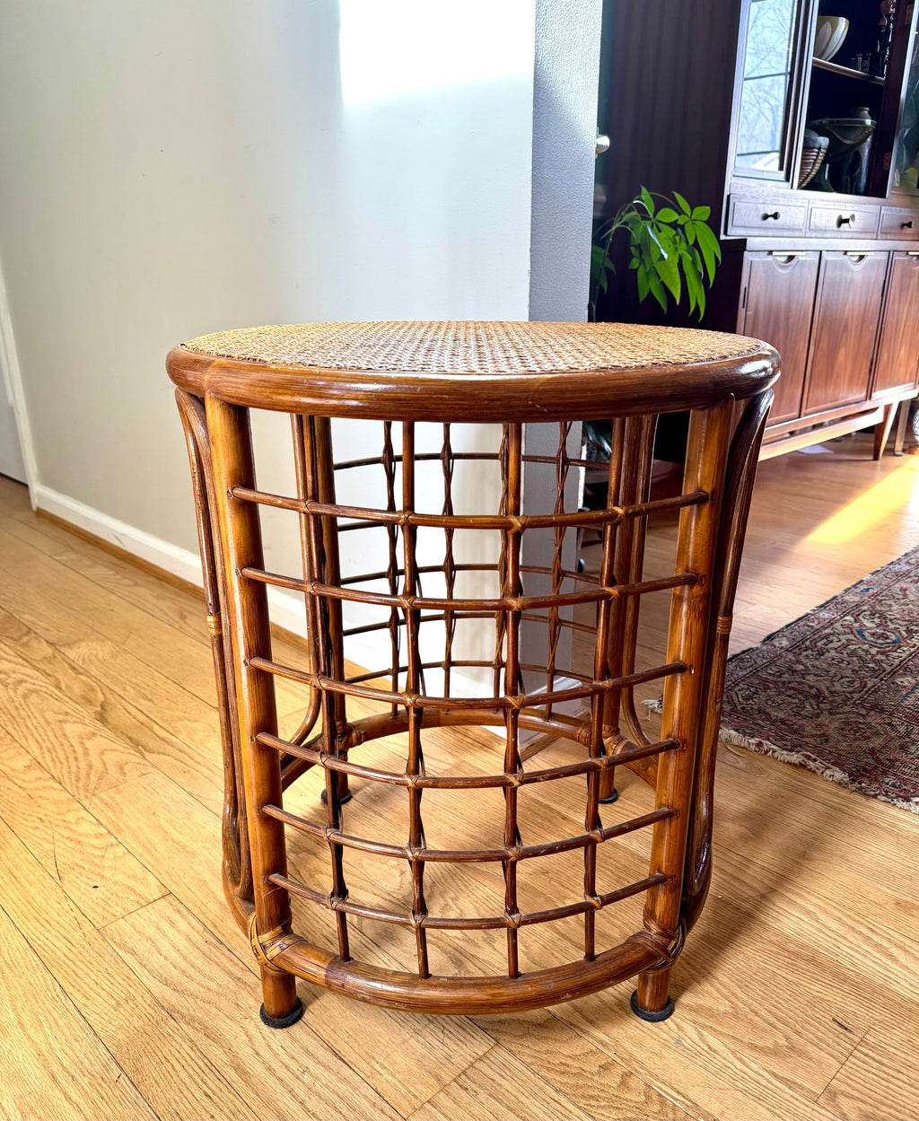 Mid 20th Century Rattan and Bamboo End Table | Boho Bamboo Side Table