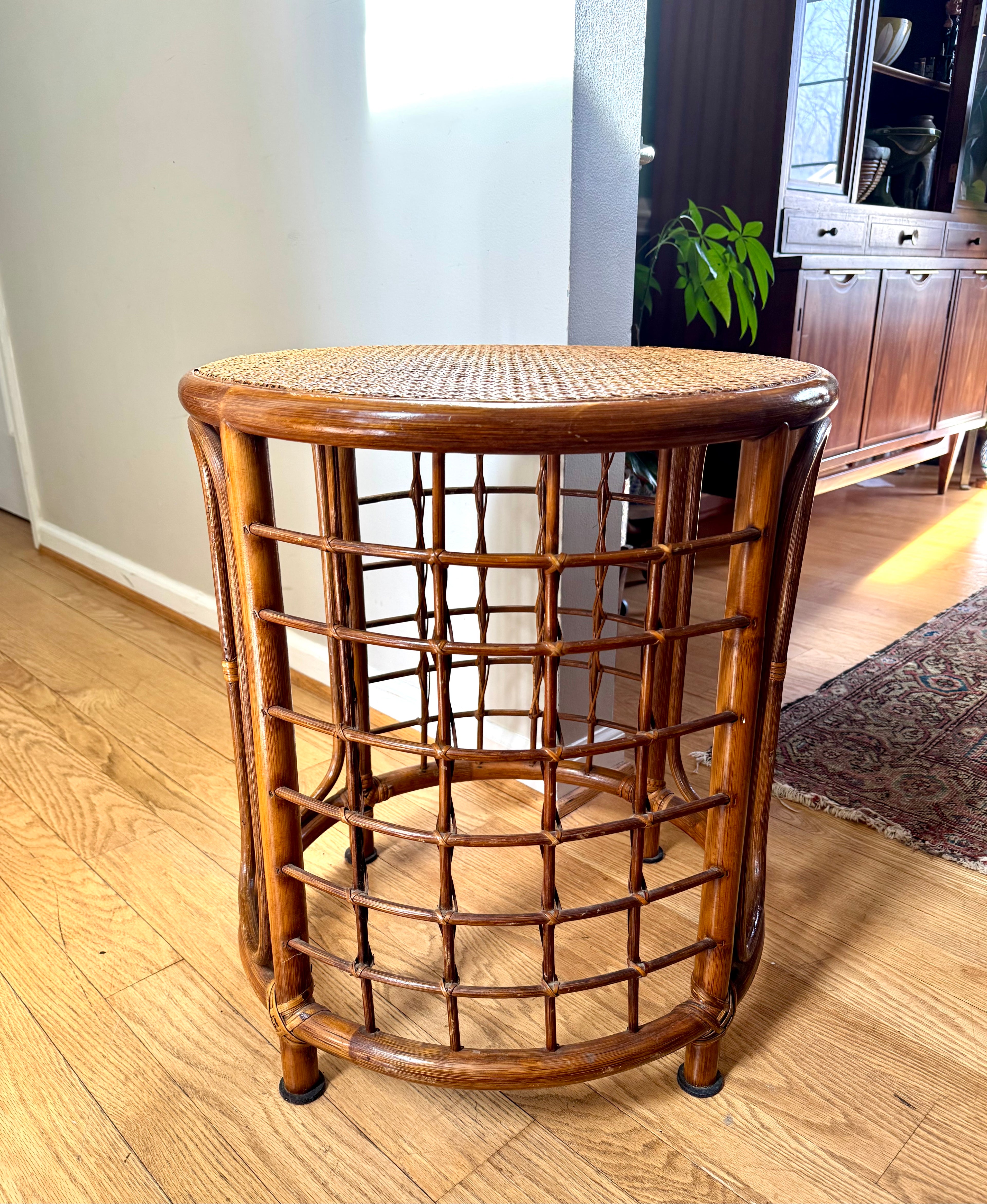 Mid 20th Century Rattan and Bamboo End Table | Boho Bamboo Side Table