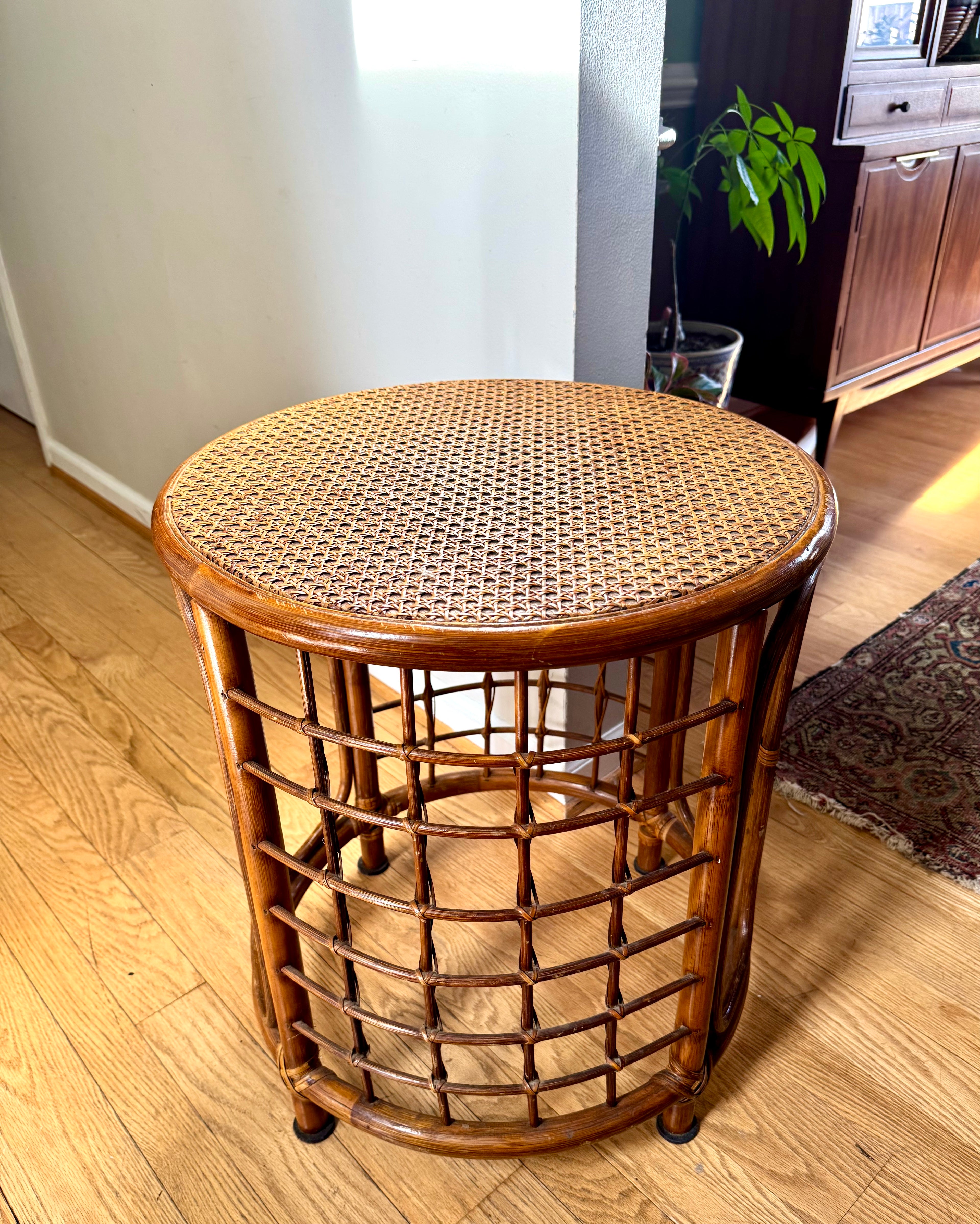Mid 20th Century Rattan and Bamboo End Table | Boho Bamboo Side Table