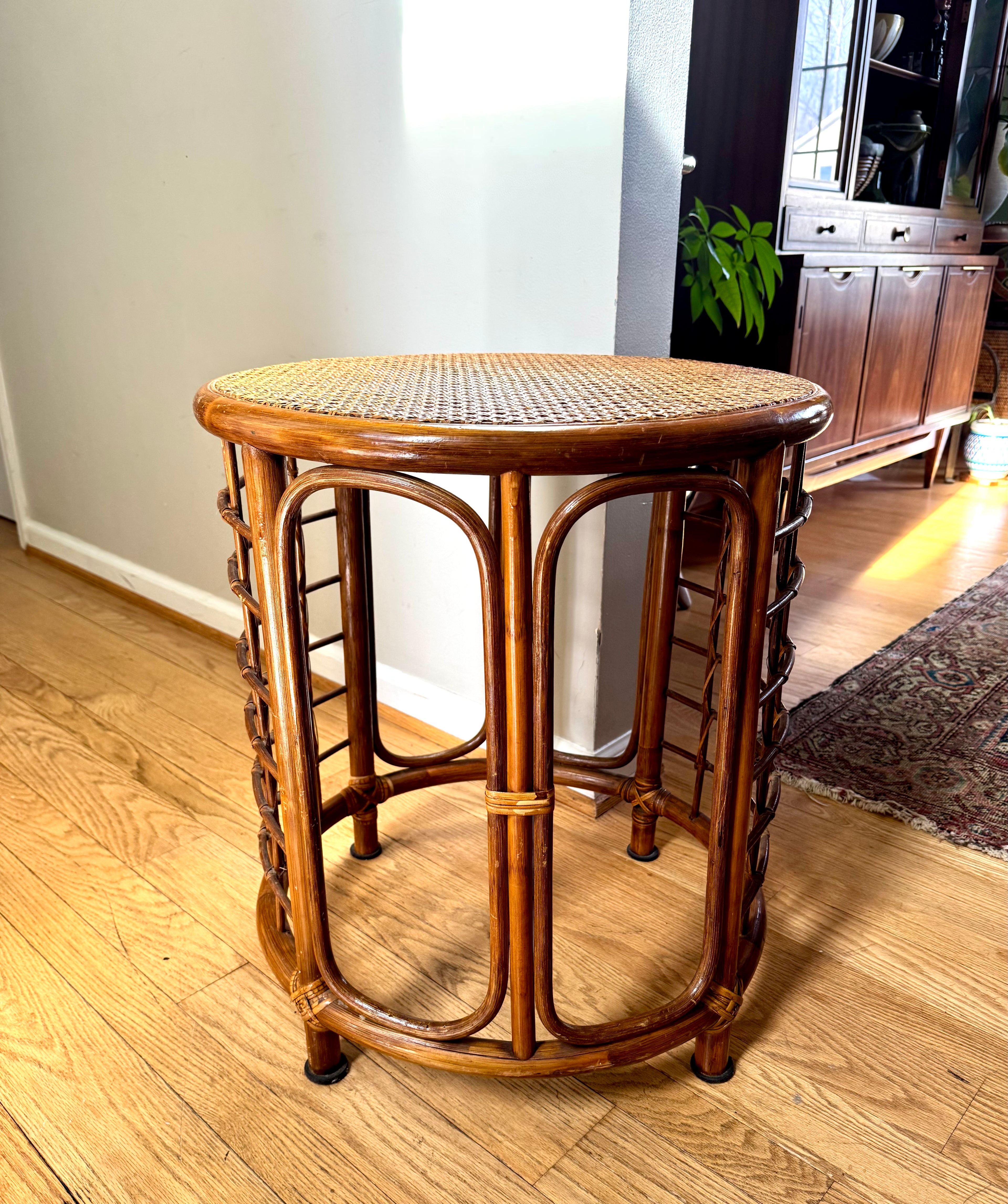 Mid 20th Century Rattan and Bamboo End Table | Boho Bamboo Side Table