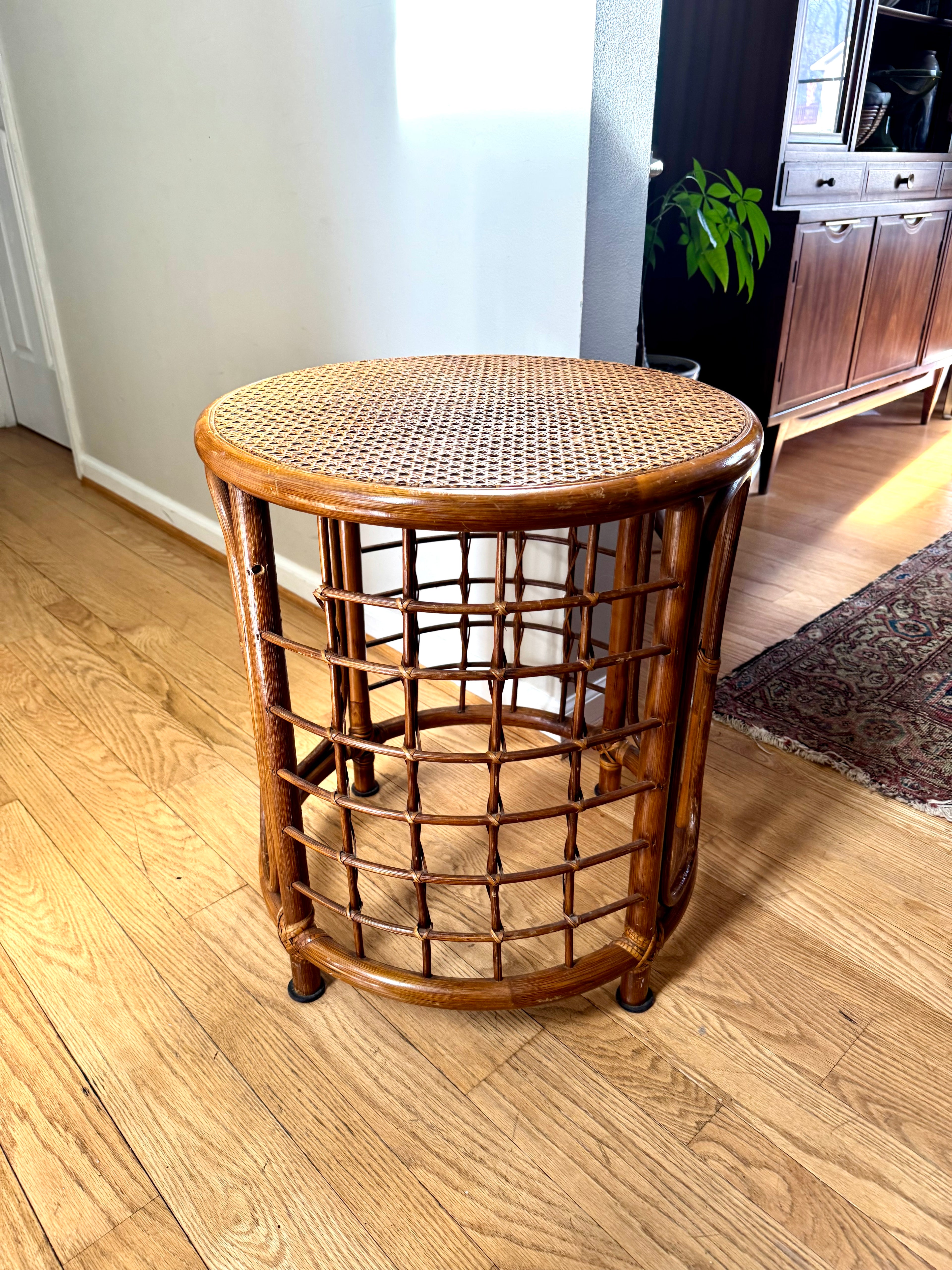 Mid 20th Century Rattan and Bamboo End Table | Boho Bamboo Side Table