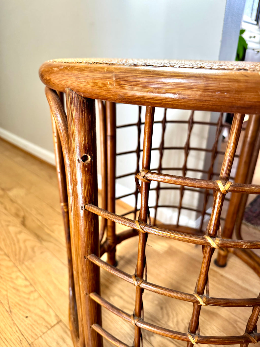 Mid 20th Century Rattan and Bamboo End Table | Boho Bamboo Side Table
