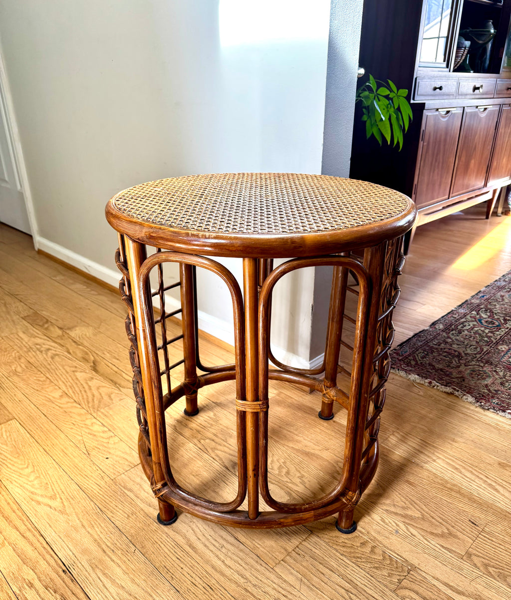 Mid 20th Century Rattan and Bamboo End Table | Boho Bamboo Side Table