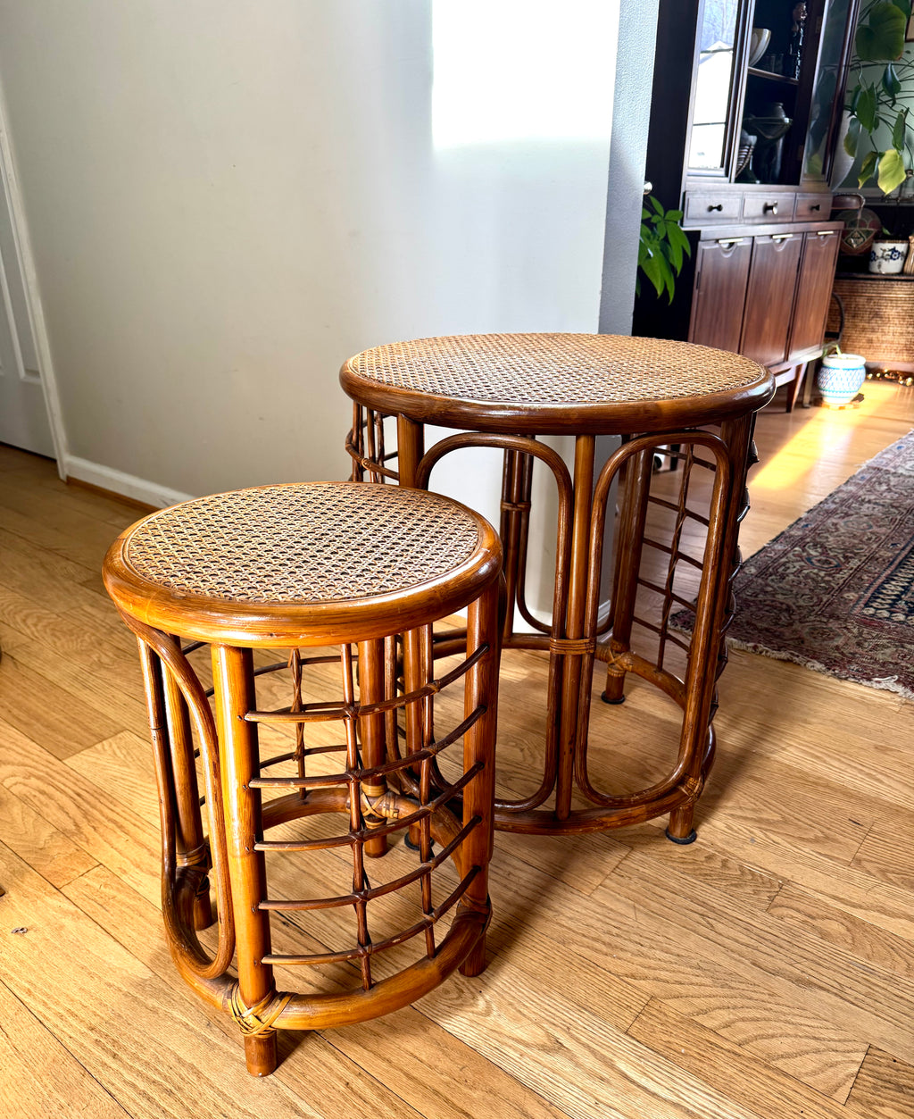 Mid 20th Century Rattan and Bamboo End Table | Boho Bamboo Side Table