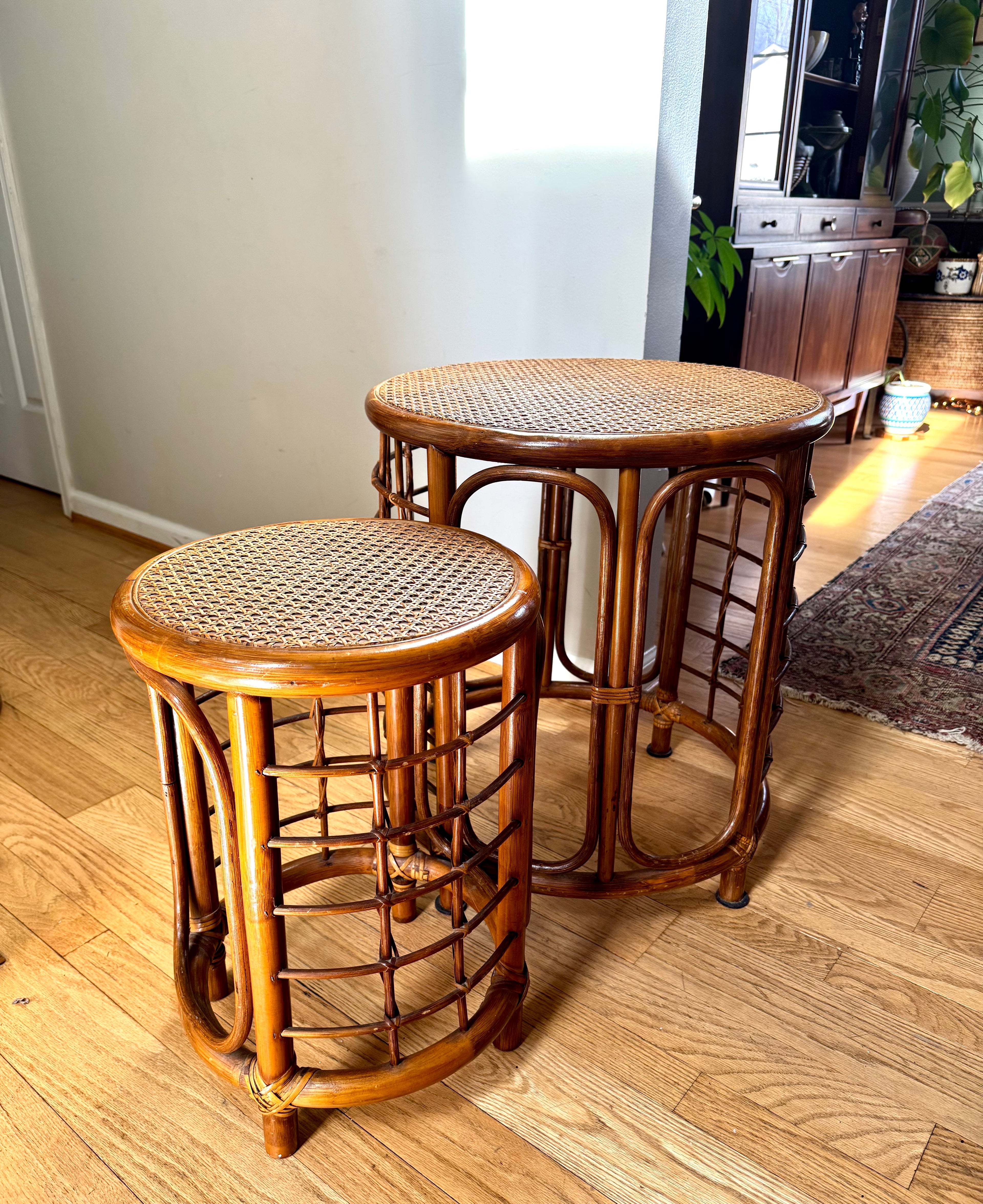 Mid 20th Century Rattan and Bamboo End Table | Boho Bamboo Side Table