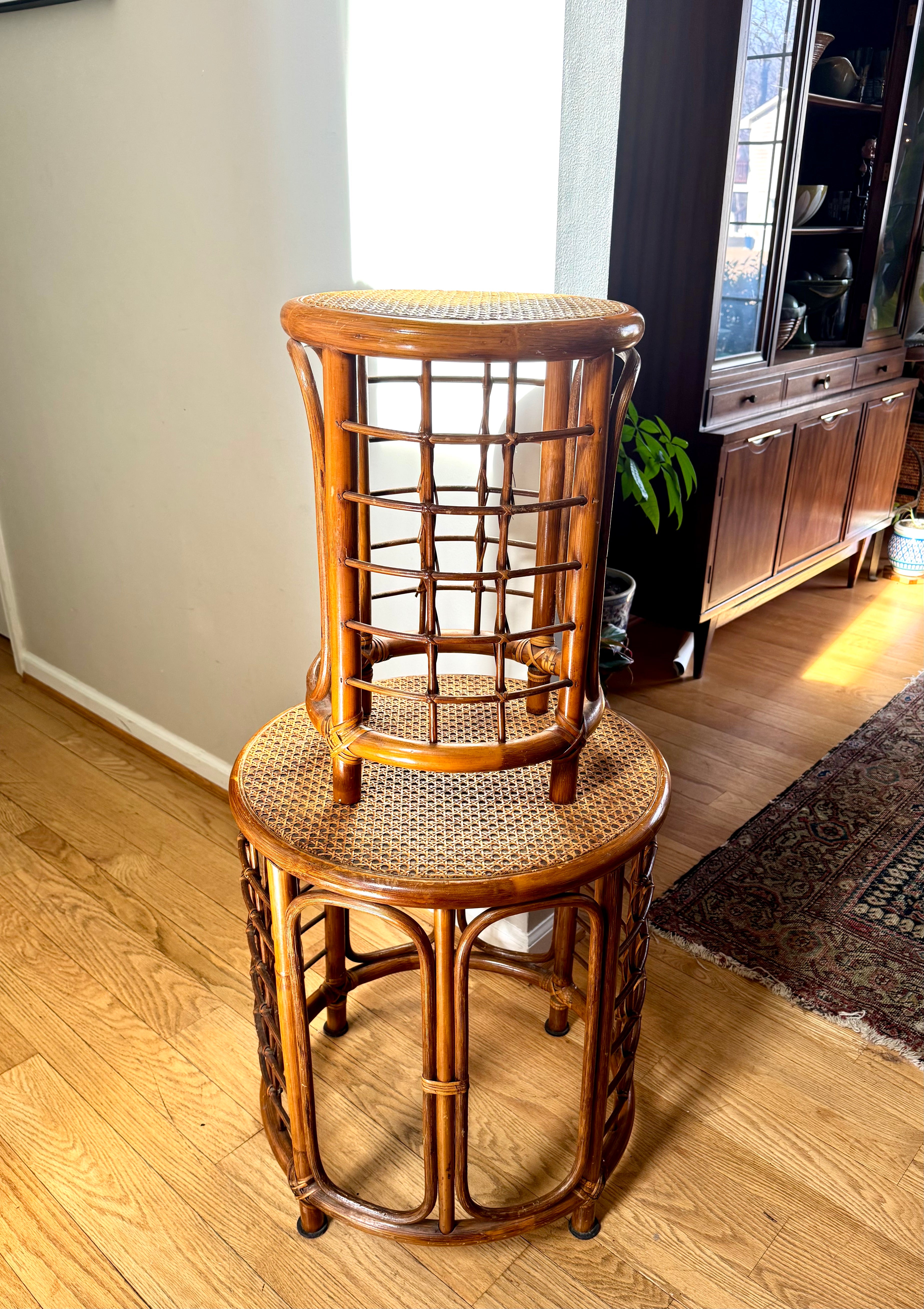 Mid 20th Century Rattan and Bamboo End Table | Boho Bamboo Side Table