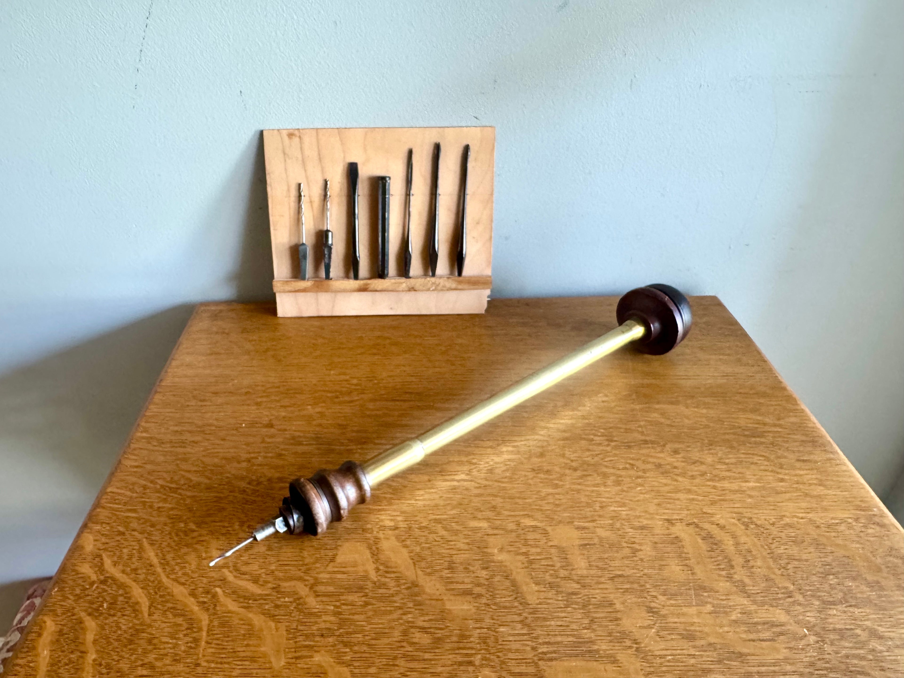 Antique Rosewood and Brass A.H. Reid Push Drill with Set of Bits