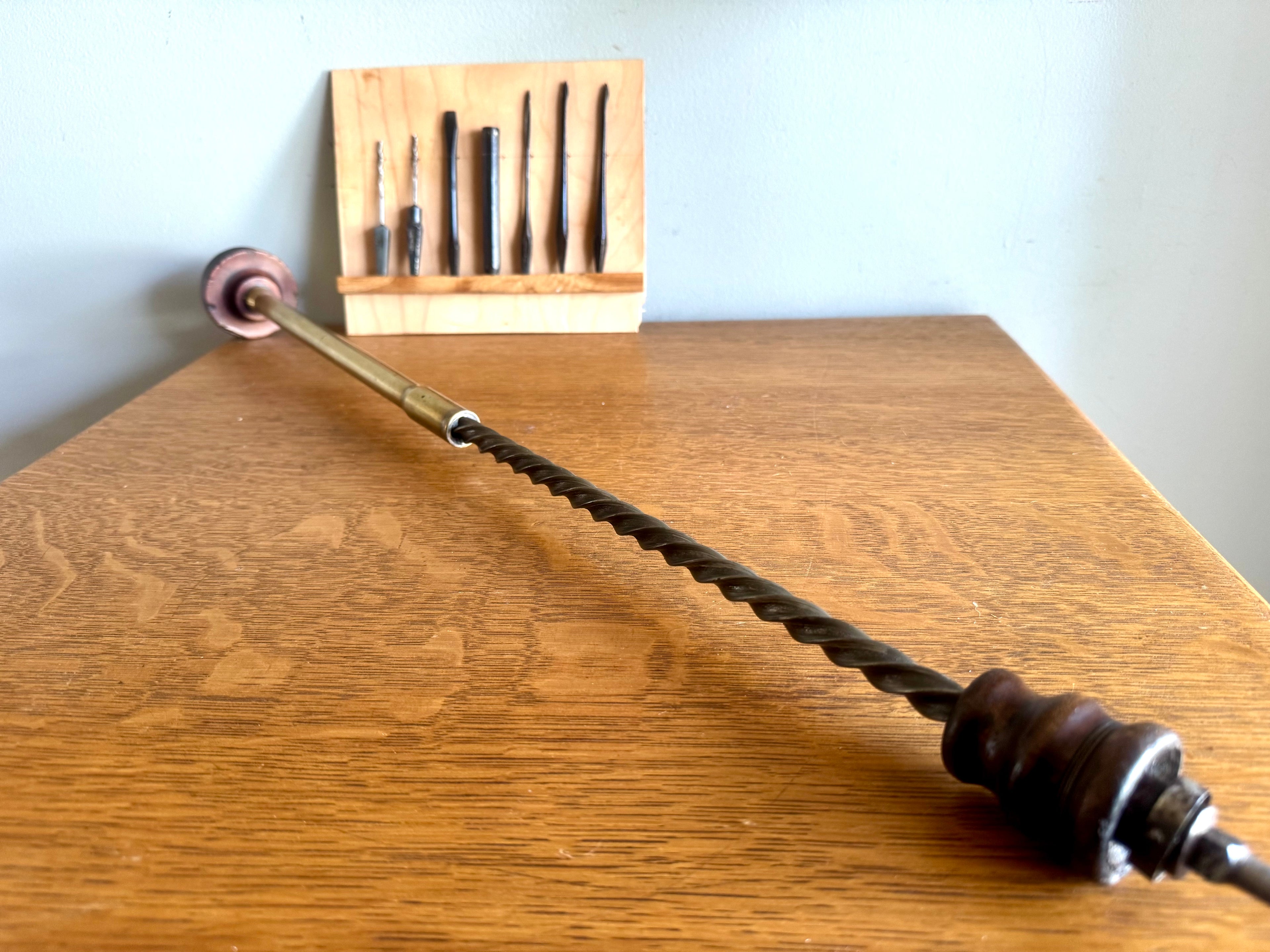 Antique Rosewood and Brass A.H. Reid Push Drill with Set of Bits