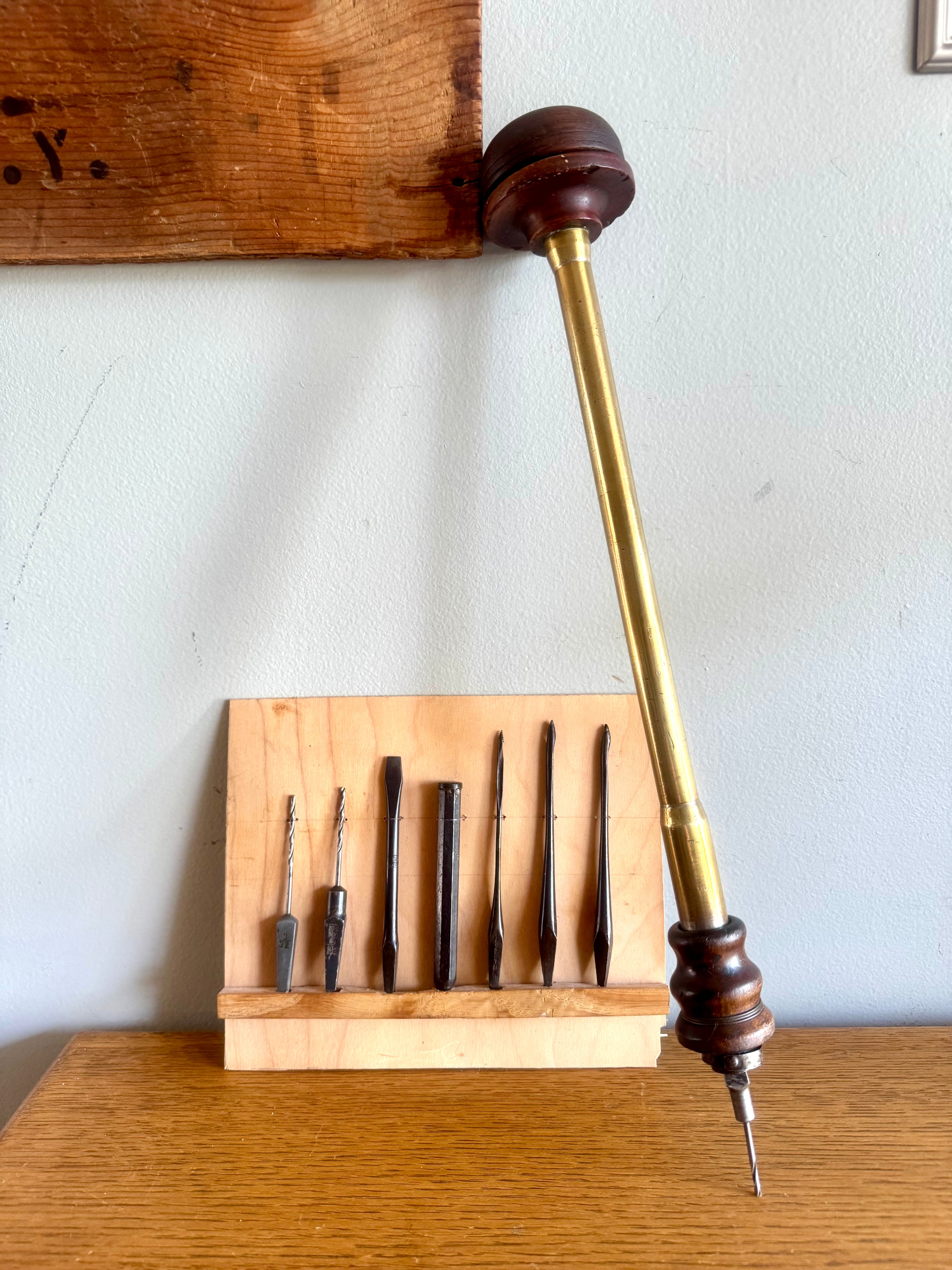 Antique Rosewood and Brass A.H. Reid Push Drill with Set of Bits