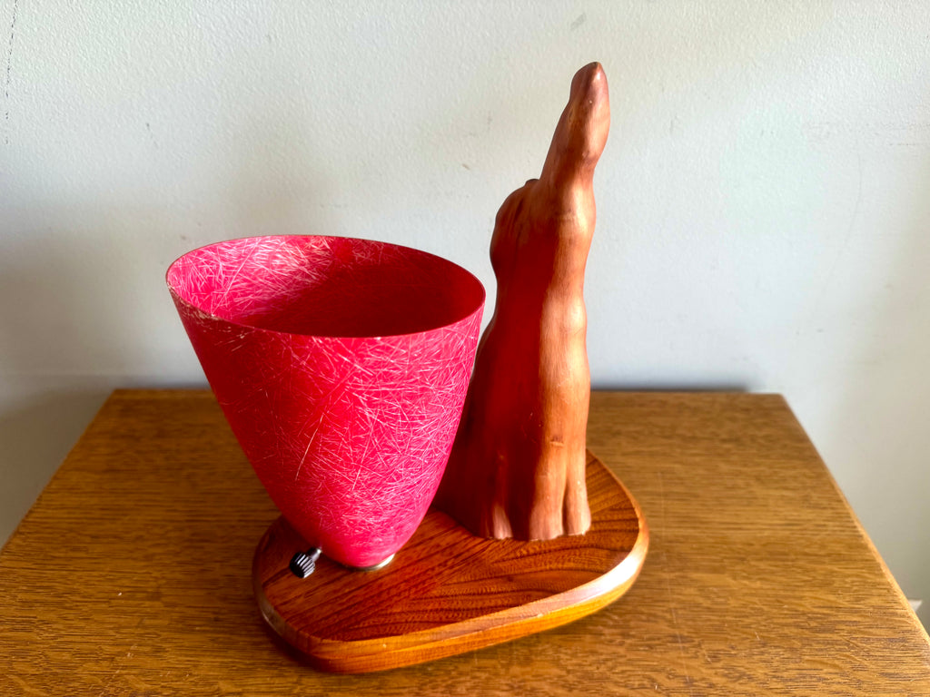 Vtg Cyprus Knee and Fiberglass Shade Lamp | MCM Cyprus Wood Knee Lamp with Fiberglass Coned Shade