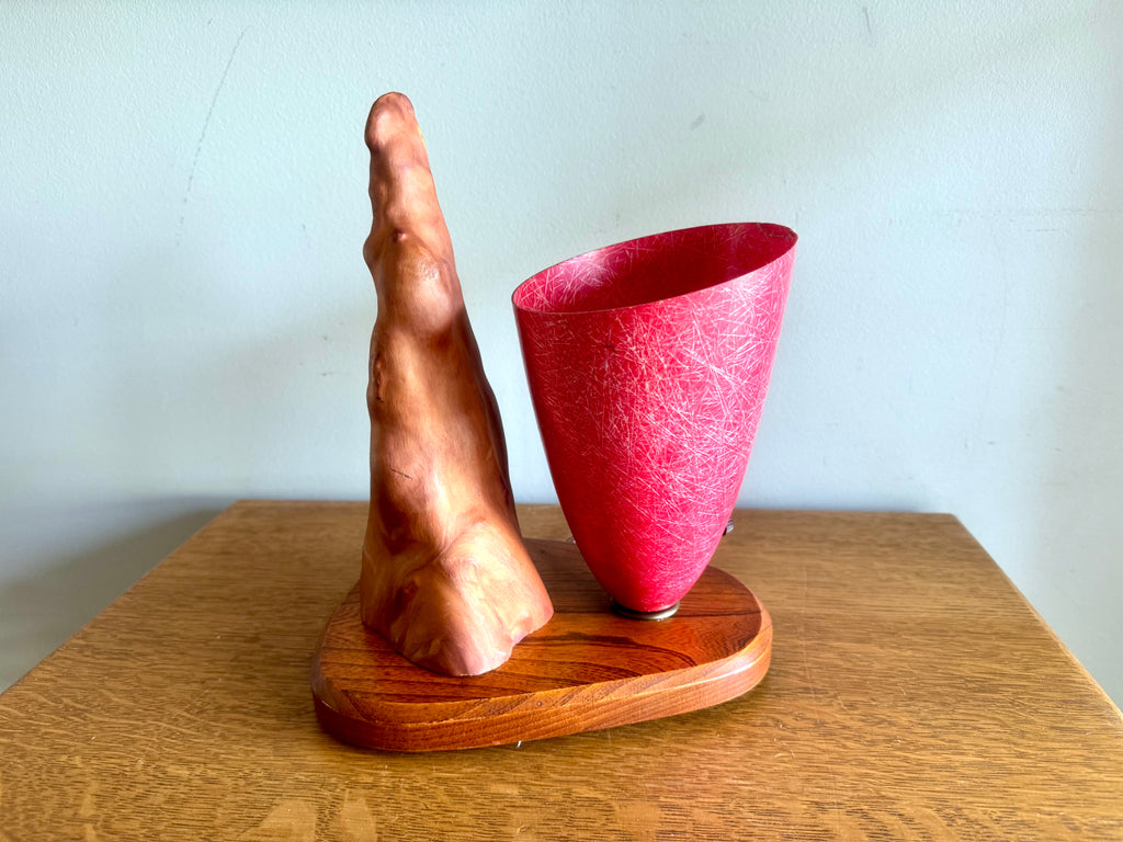 Vtg Cyprus Knee and Fiberglass Shade Lamp | MCM Cyprus Wood Knee Lamp with Fiberglass Coned Shade