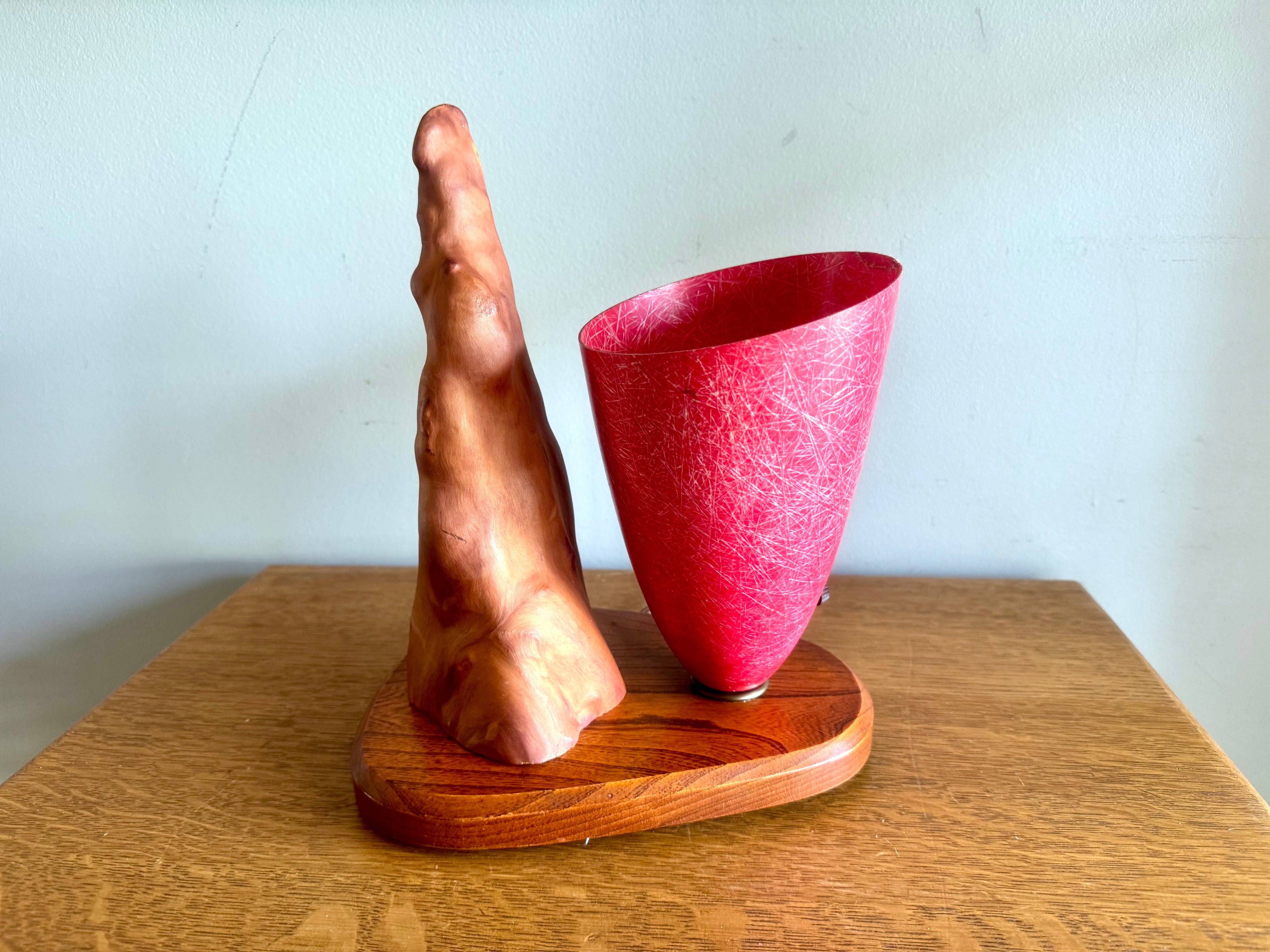 Vtg Cyprus Knee and Fiberglass Shade Lamp | MCM Cyprus Wood Knee Lamp with Fiberglass Coned Shade