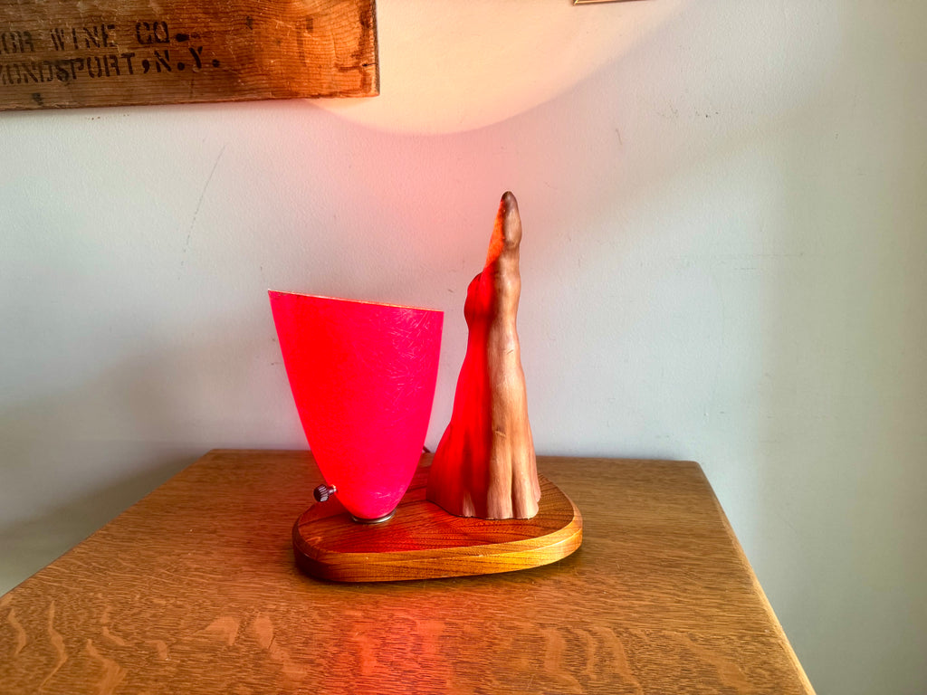 Vtg Cyprus Knee and Fiberglass Shade Lamp | MCM Cyprus Wood Knee Lamp with Fiberglass Coned Shade